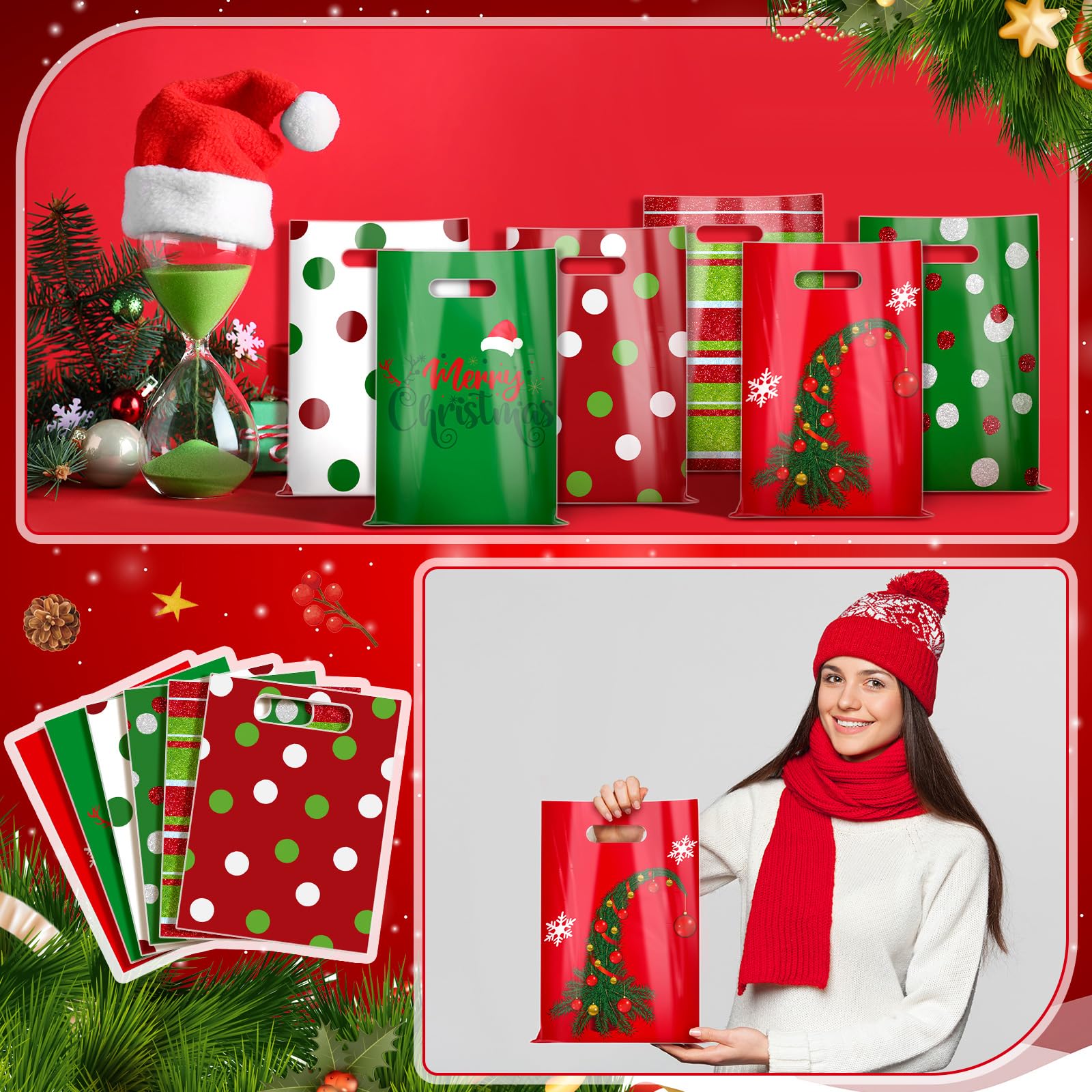 Sinmoe Lot de 200 sacs de Noël en plastique réutilisables avec poignées - 22,9 x 30,5 cm - Pour le shopping, le détail, les fêtes (motif elfe rouge, vert, vert)
