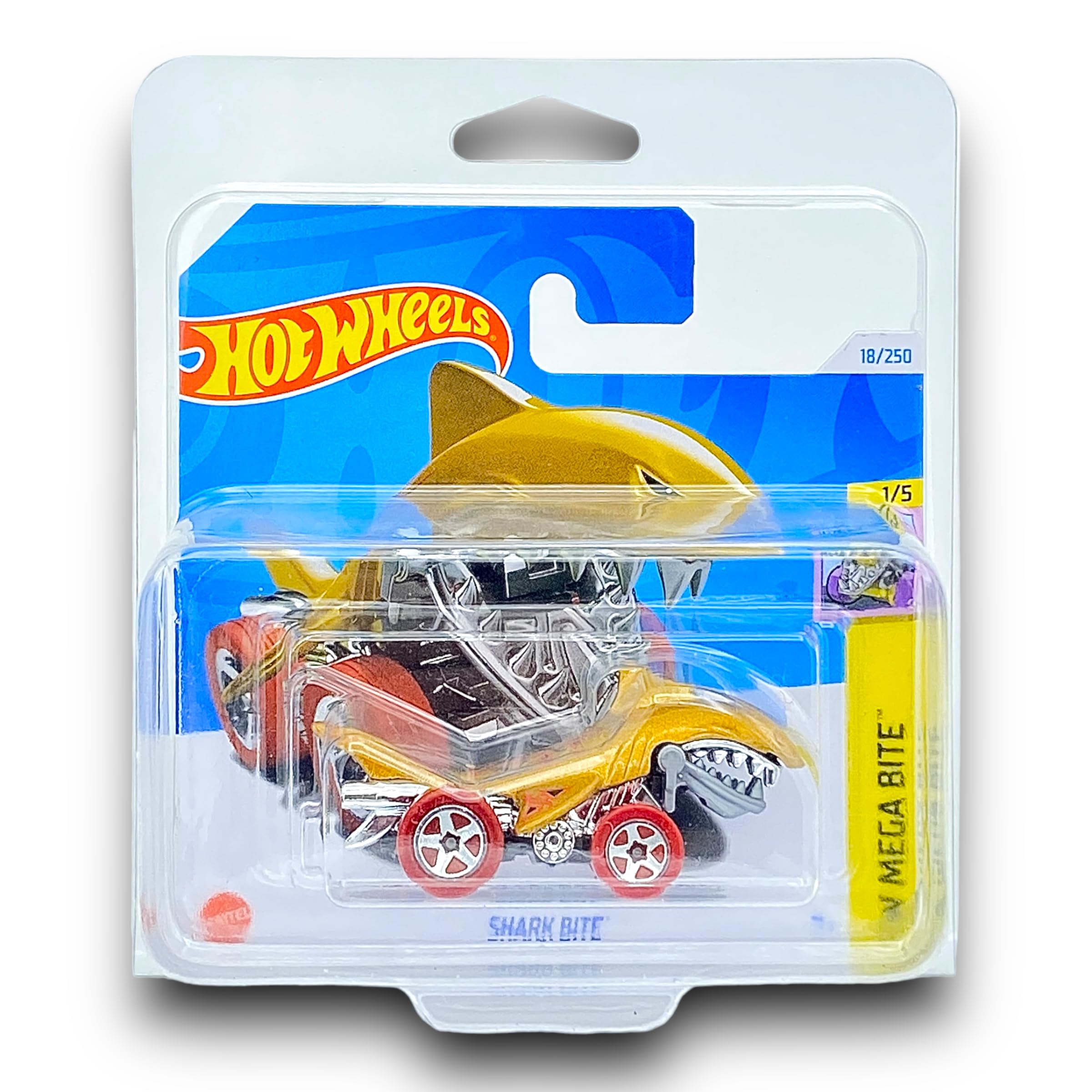 Hot Wheels SharkBite (Gold & Red) 1/5 HW Mega Bite - 2024-18/250 (Short Card) - COMES IN A KLAS CAR KEEPER SHORT CARD PROTECTOR CASE - HTC01
