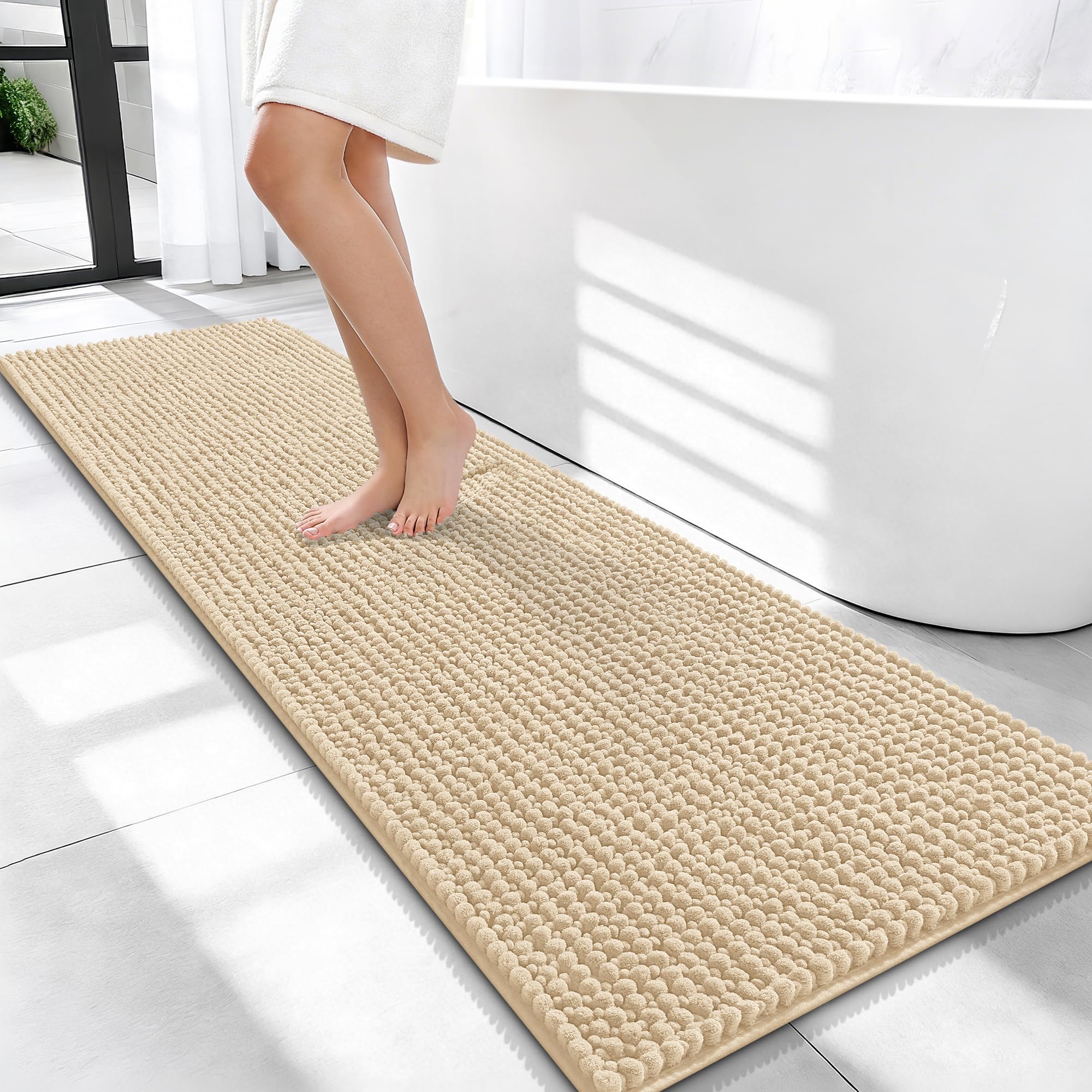 OLANLY Thick Chenille Bathroom Runner Rugs 59x20, Absorbent Bath Mat, Beige