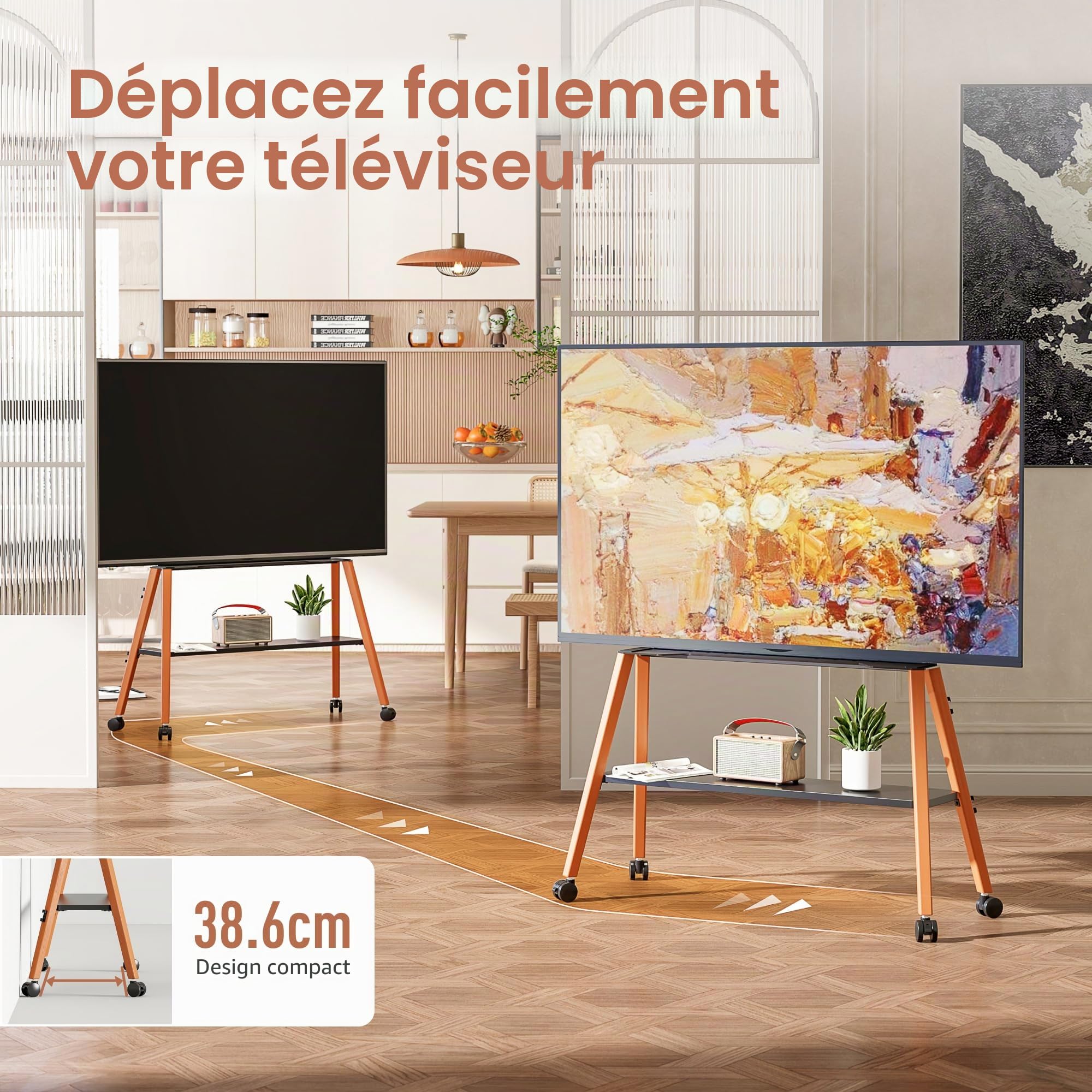 Support TV à roulettes pour téléviseurs de 49 à 75 pouces jusqu'à 40 kg, design chevalet avec structure en métal et étagère en bois, support TV mobile sur roulettes pour magasin, bureau, école