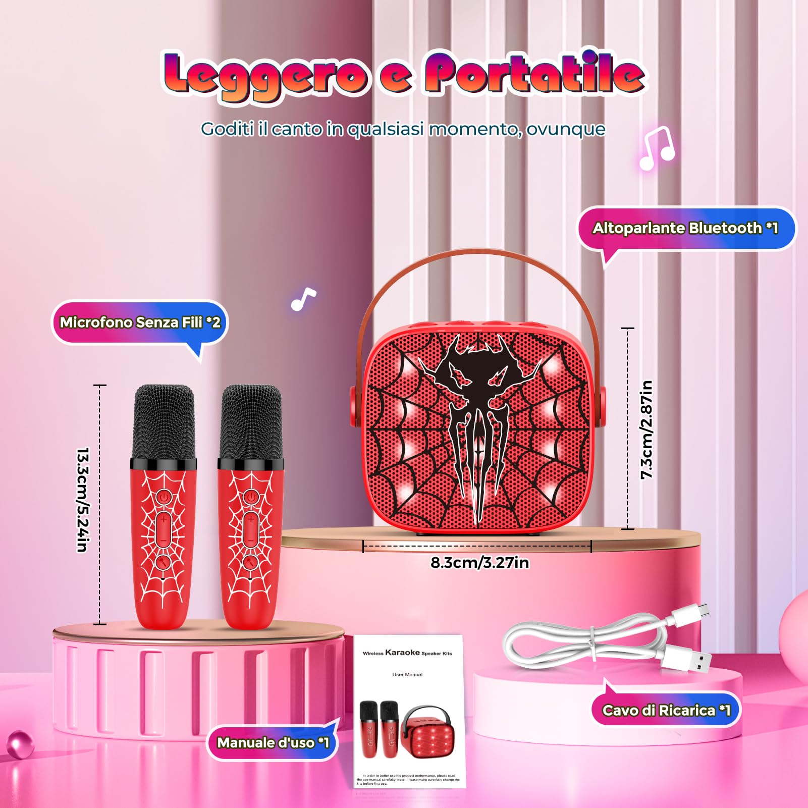 Braxel Karaoke per Bambini con 2 Microfono Wireless, Regalo Bambino 3-12 Anni Maschio Portatile Canta Tu Karaoke Microfono Bluetooth Giochi Bambini 3-12 Anni Spider Giocattolo Bambino
