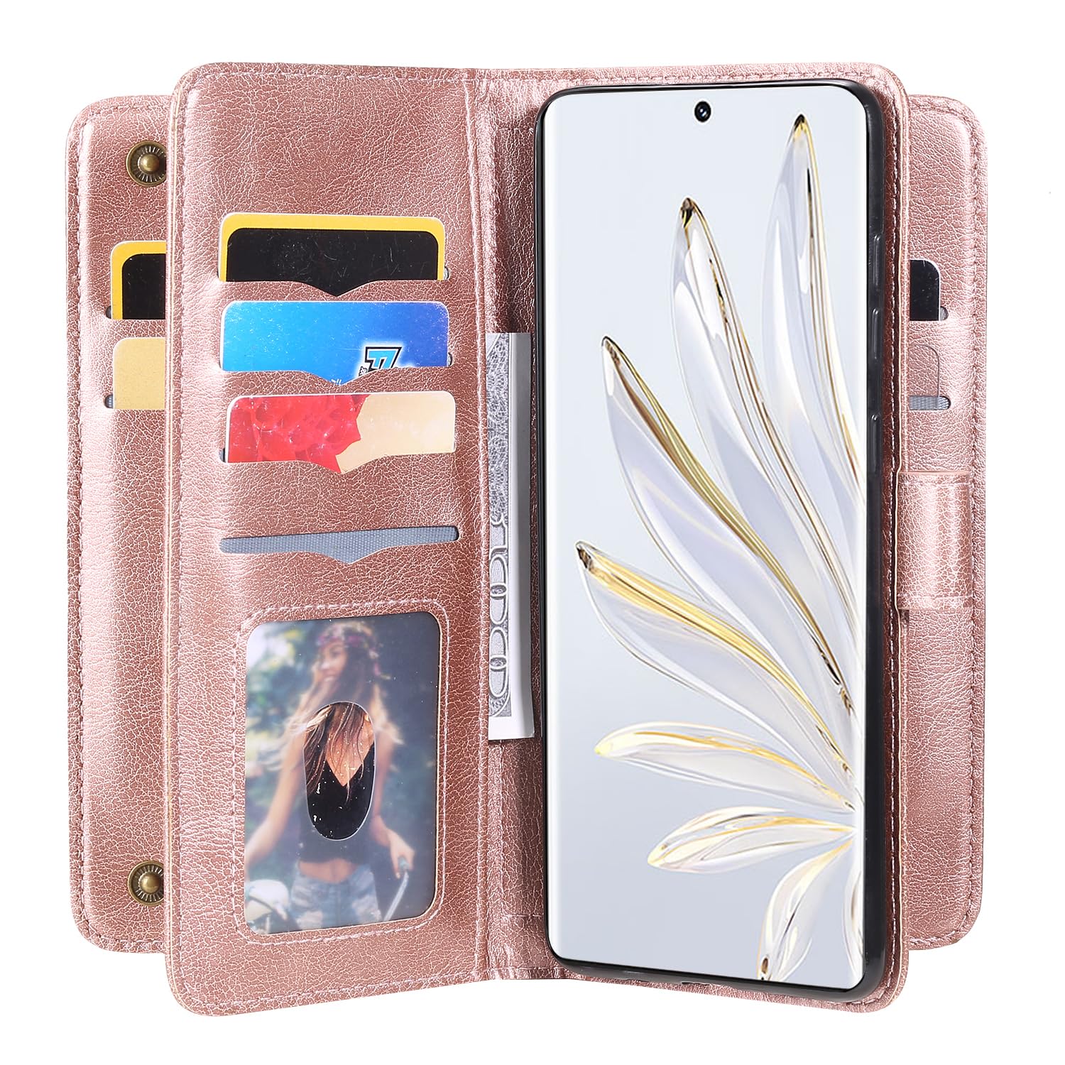 Asuwish Custodia A Portafoglio Con Copertura In Vetro Temperato Per Honor 70 5G - Pelle, 6 Slot Carte, Supporto - 2