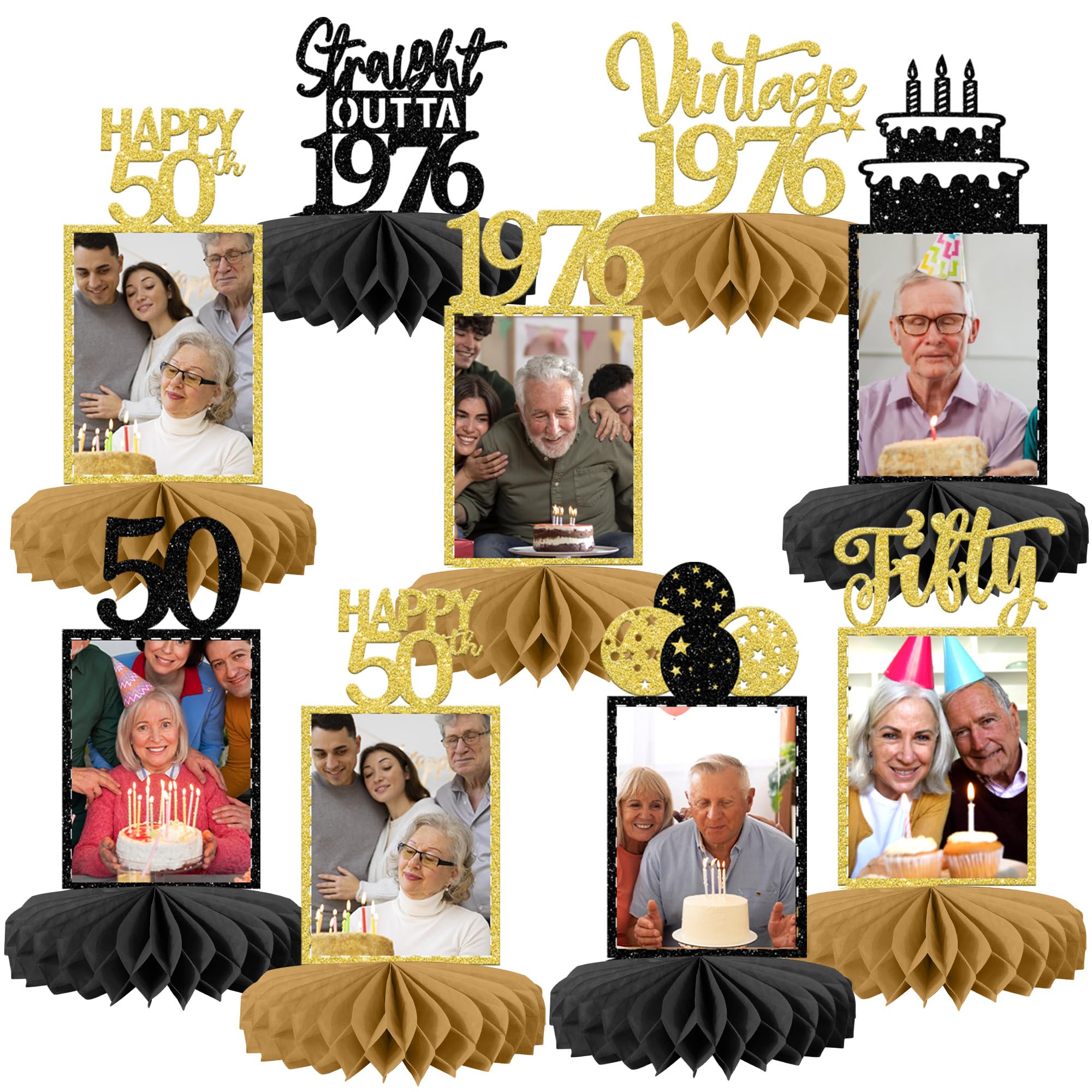 SYKYCTCY 8 Pack Happy 50th Birthday Honeycomb Table Centerpiece Hello Fifty Cheers to 50 Table Toppers Centerpieces Decro for 50th Birthday Theme Wedding Table Decorations Supplies