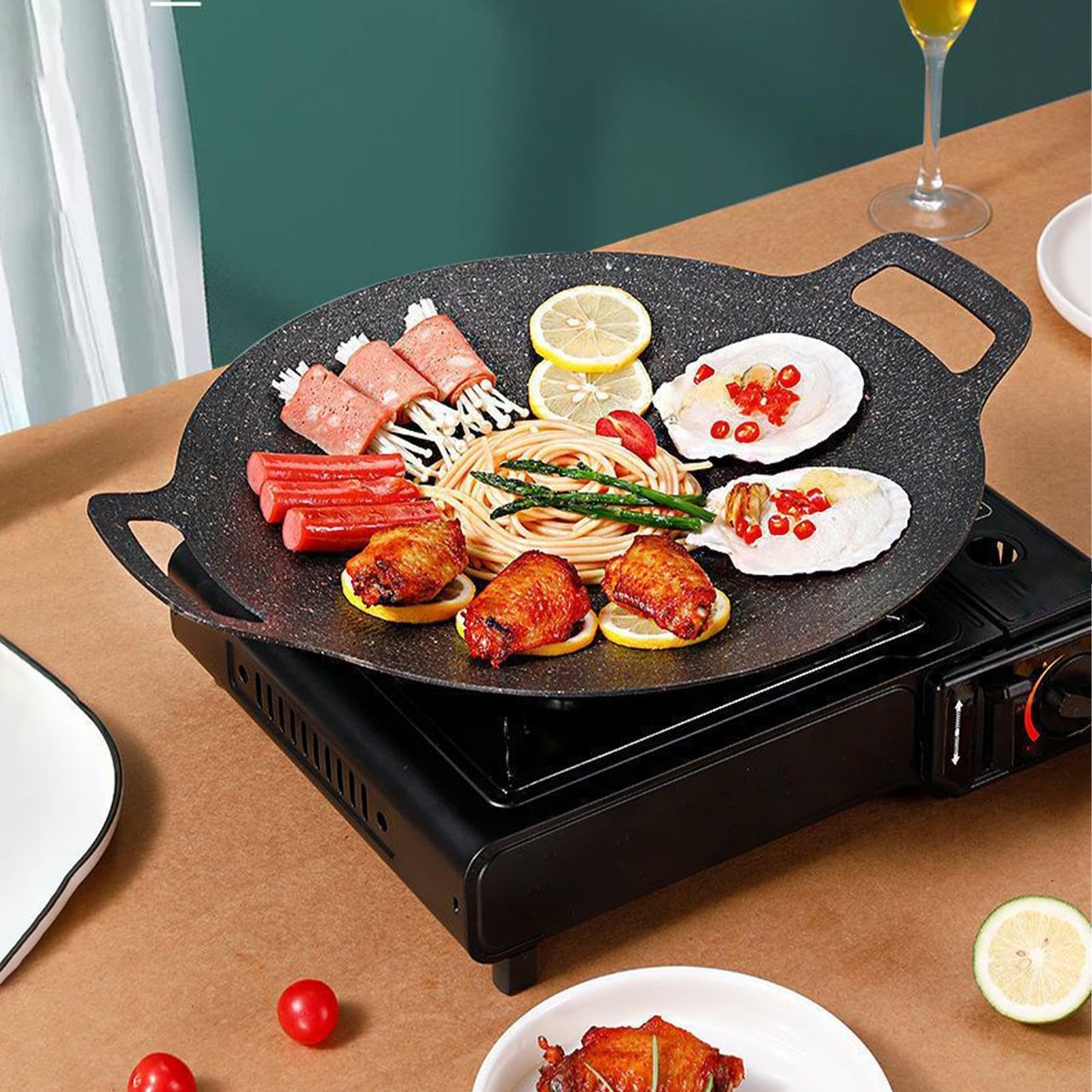 Koreańska patelnia do grilla, żeliwna patelnia do kuchenek indukcyjnych i elektrycznych, przenośna nieprzywierająca płyta grillowa z uchwytami, idealna do grillowania w pomieszczeniach i gotowania na