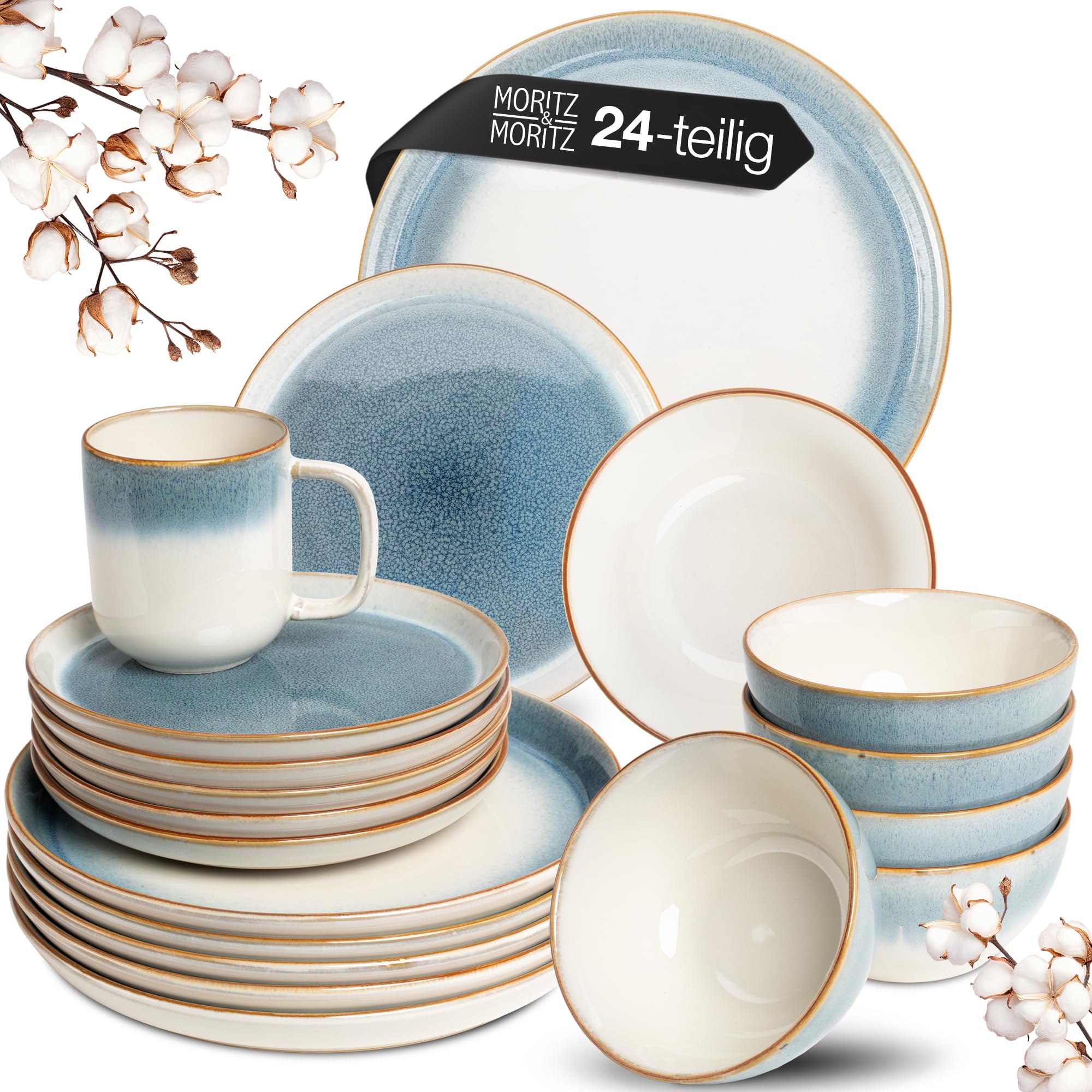 Moritz & Moritz TARENTO Service de table 24 pièces pour 6 personnes Bleu – Élégant ensemble d'assiettes en grès de qualité supérieure – Set de vaisselle composé de 6 assiettes à dîner, 6 assiettes à