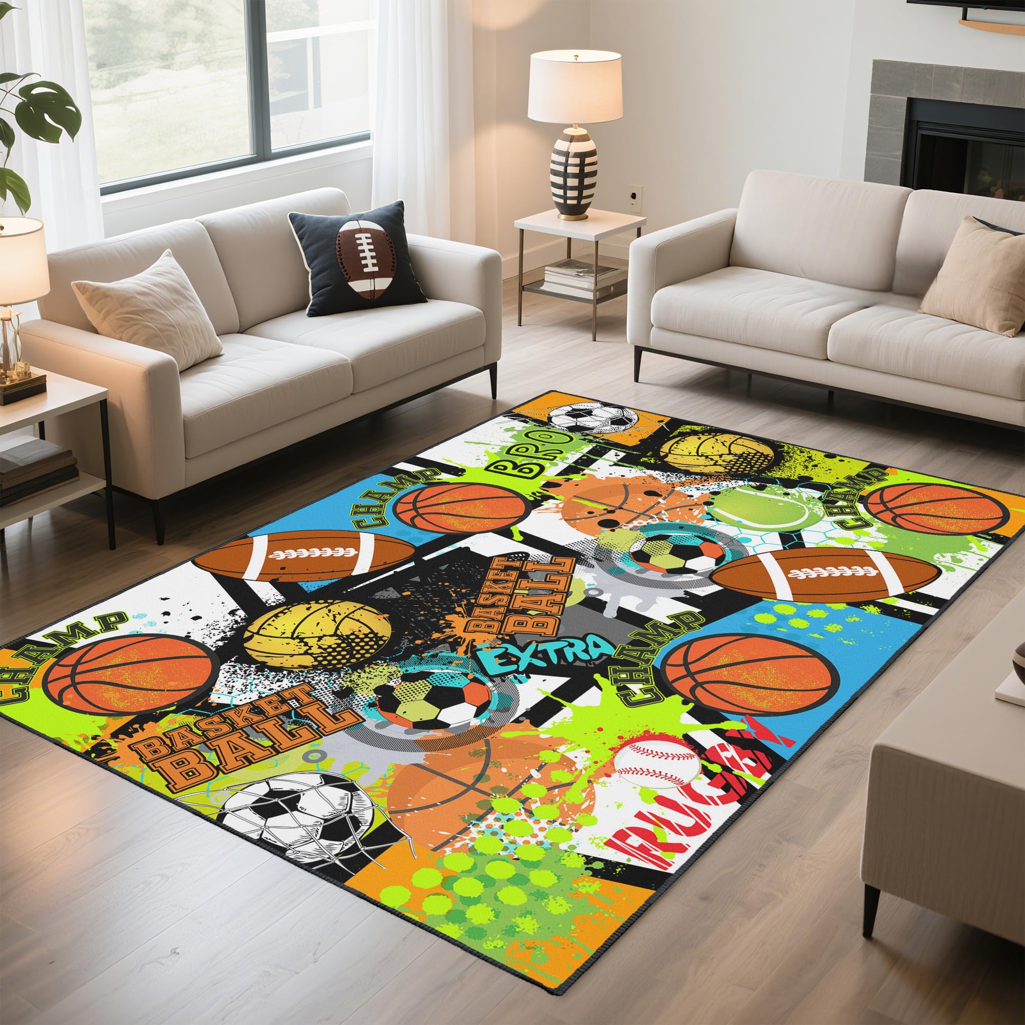 Vesocro Sport Rug with Football,Basketball and Baseball Prints,Non-Slip 5x7ft Area Rugs for Bedroom Living Room Decor
