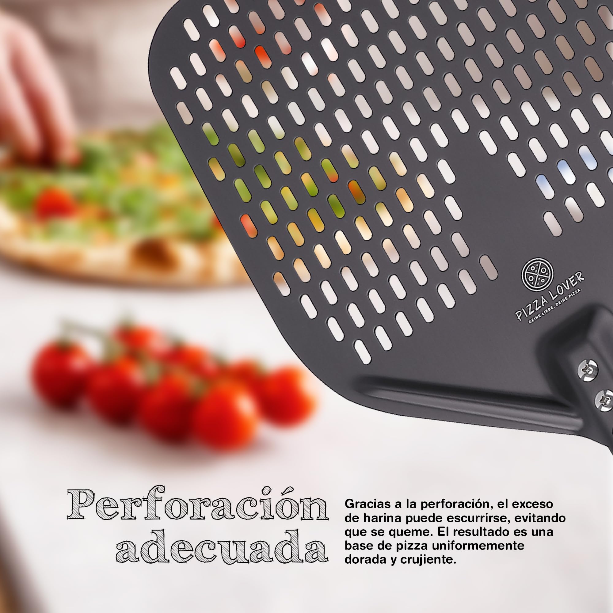 Pizza Lover Pala de pizza de premium perforada, 30 x 70 cm, de aluminio anodizado duro (antiadherente), para pizza casera, ideal para piedra de pizza, horno y barbacoa