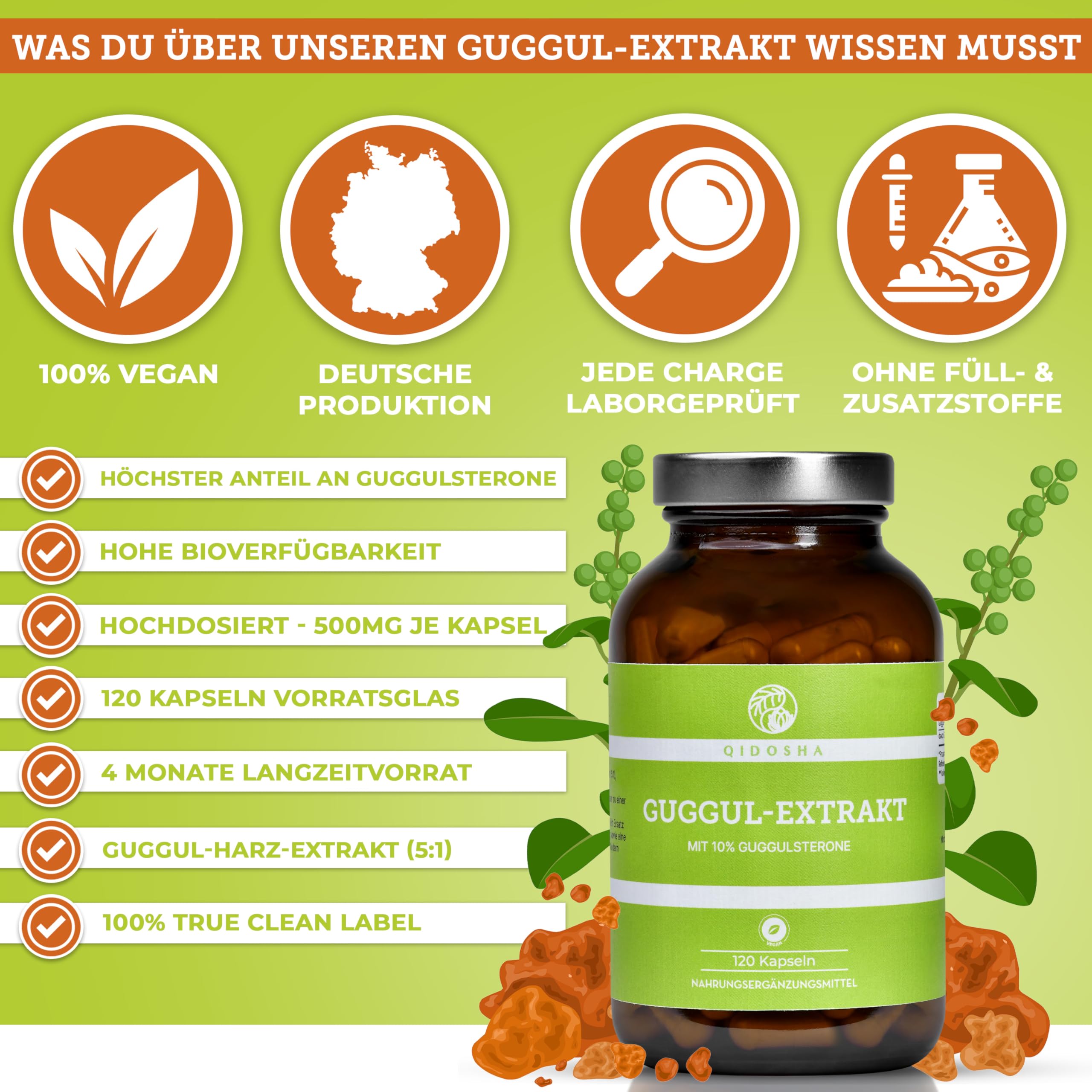 QIDOSHA® Guggul Extrakt Kapseln hochdosiert mit 10% Guggulsterone, 120 Guggulu Kapseln im Apothekerglas, Guggulu Extrakt 500mg je Kapsel mit 50mg Guggulsterone, höchster Guggulsterone-Anteil am Markt