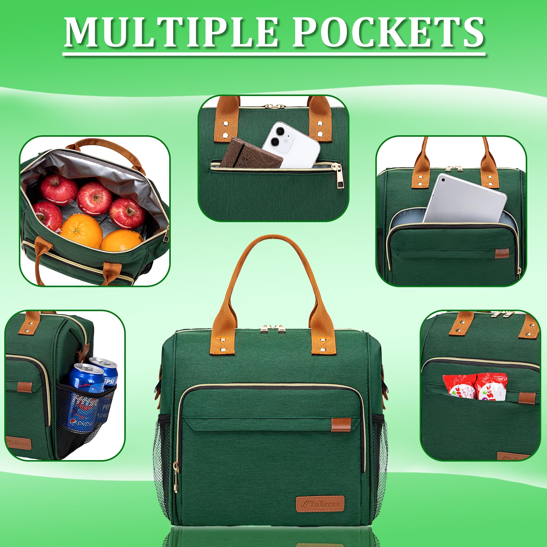 TuErCao Borsa termica per il pranzo per adulti, per donne, per lavoro, a prova di perdite, morbida, per spiaggia, viaggi, picnic, verde scuro