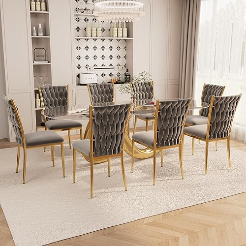 Miniatura 23 de Juego de 6 sillas de comedor de terciopelo, modernas sillas de cocina tejidas con patas de metal plateado, cojín tapizado con respaldo alto, Patas