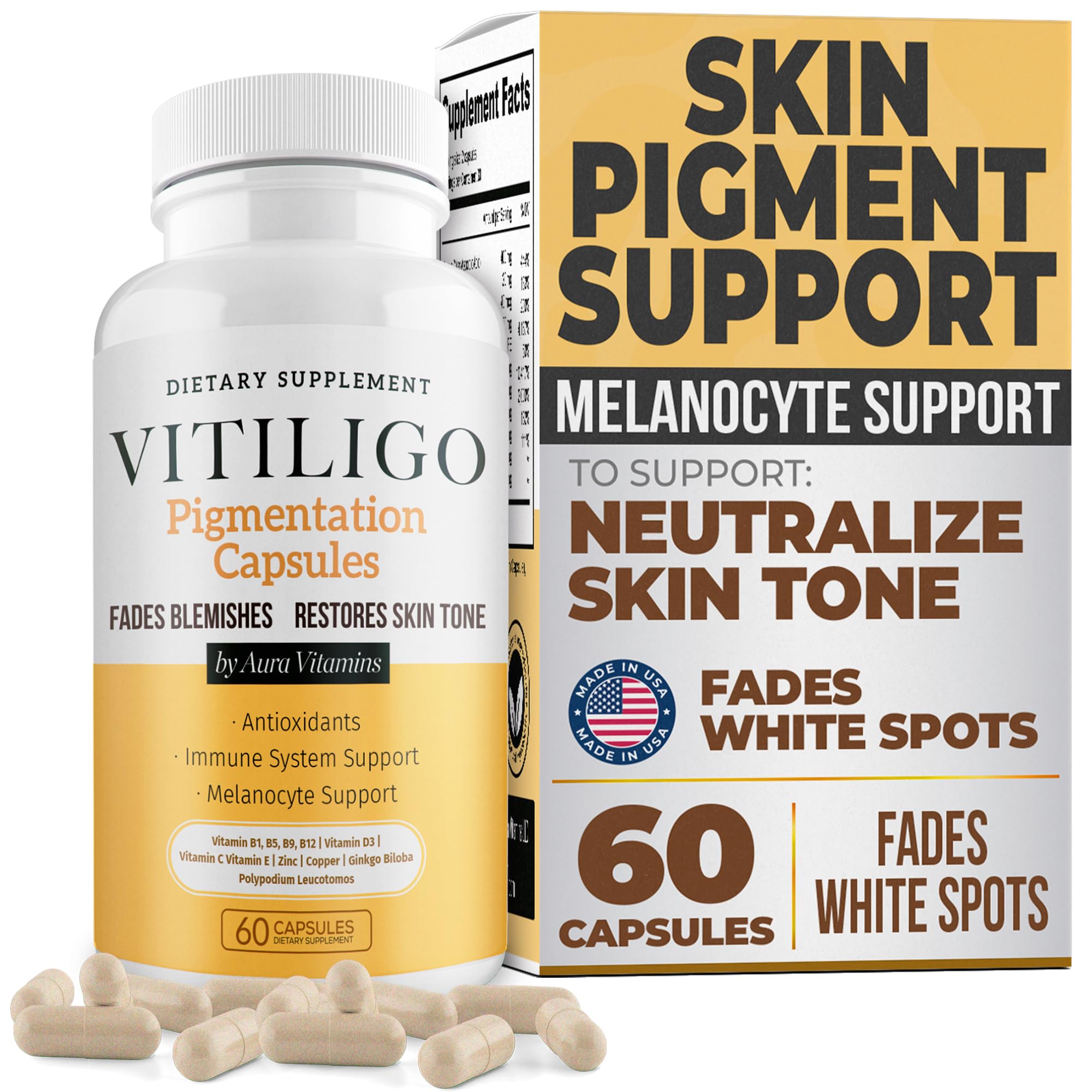 Dermawonder Vitiligo Capsules (60 Count) Effective Vitiligo Supplement, Reduce White Spots & Improve Skin Pigmentation Support, for All Skin & Reduce White Spots on Skin and Tinted Skin