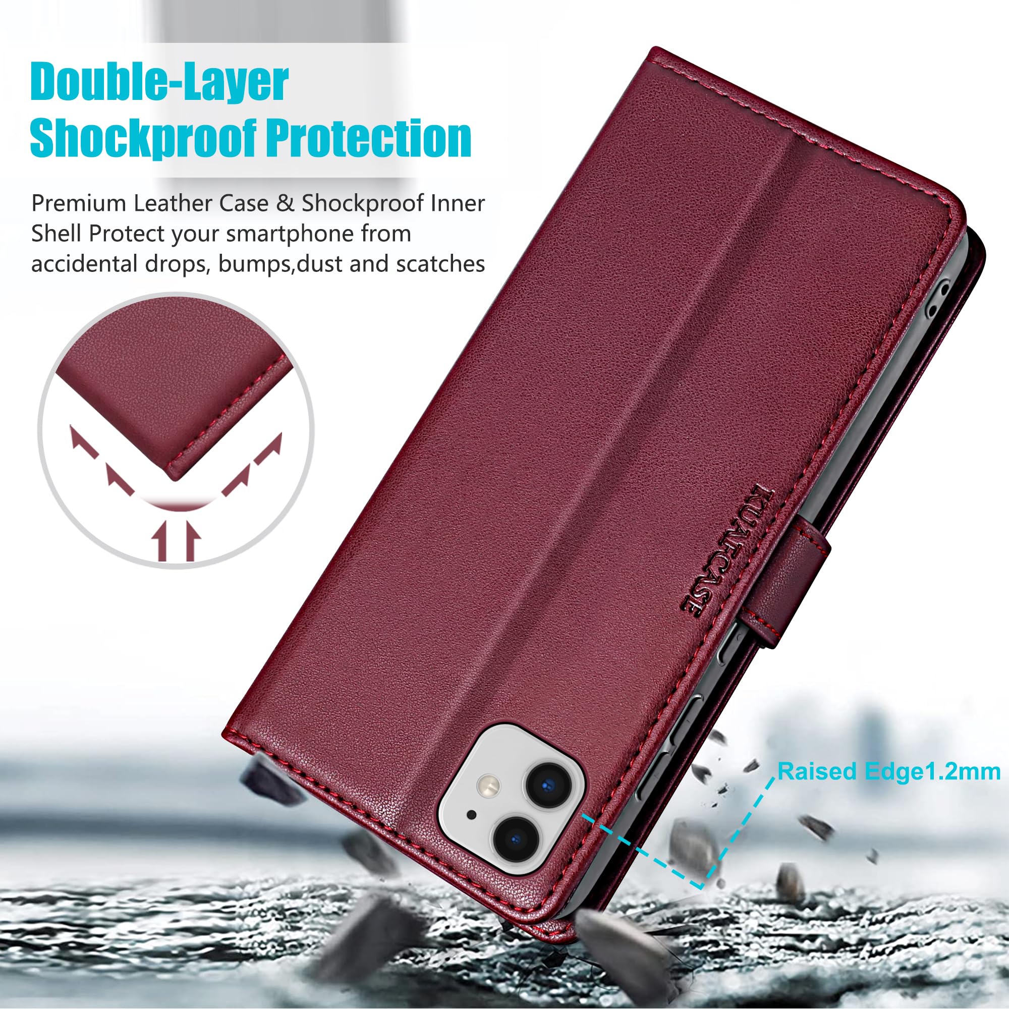 Kuafcase Compatible for iPhone 11 Case with 4 Card Slots Magnetic Closure Kickstand Shockproof Protective Phone Case Compatible for iPhone 11 - Image 3