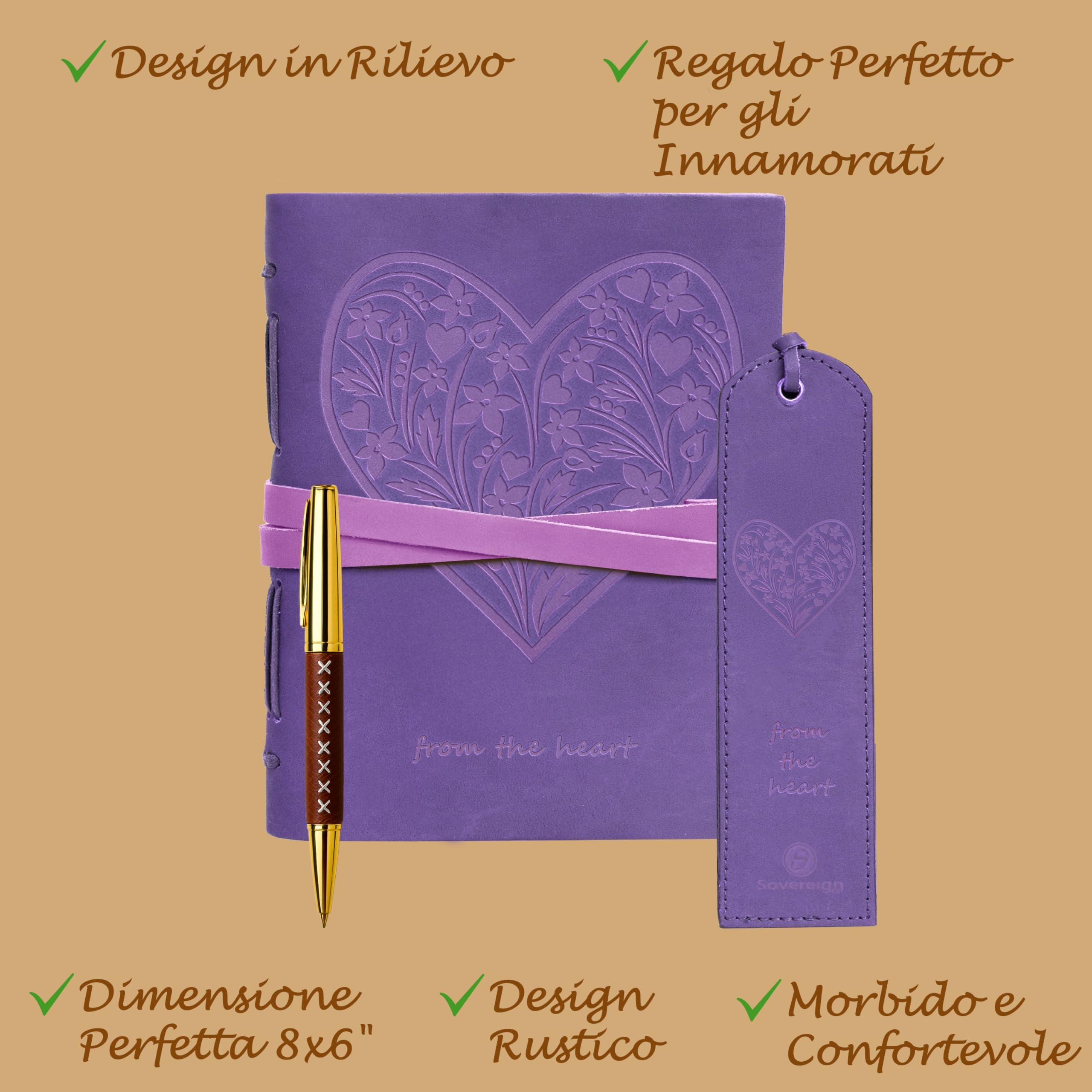 Leather Journal Embossed Purple Heart Gift Set + Antique Leather Bookmark + Pen, Handmade Writing Notebook 8x6 Inches Unlined Bound Daily Notepad For Men & Women, Luxury Gift Box for all ages