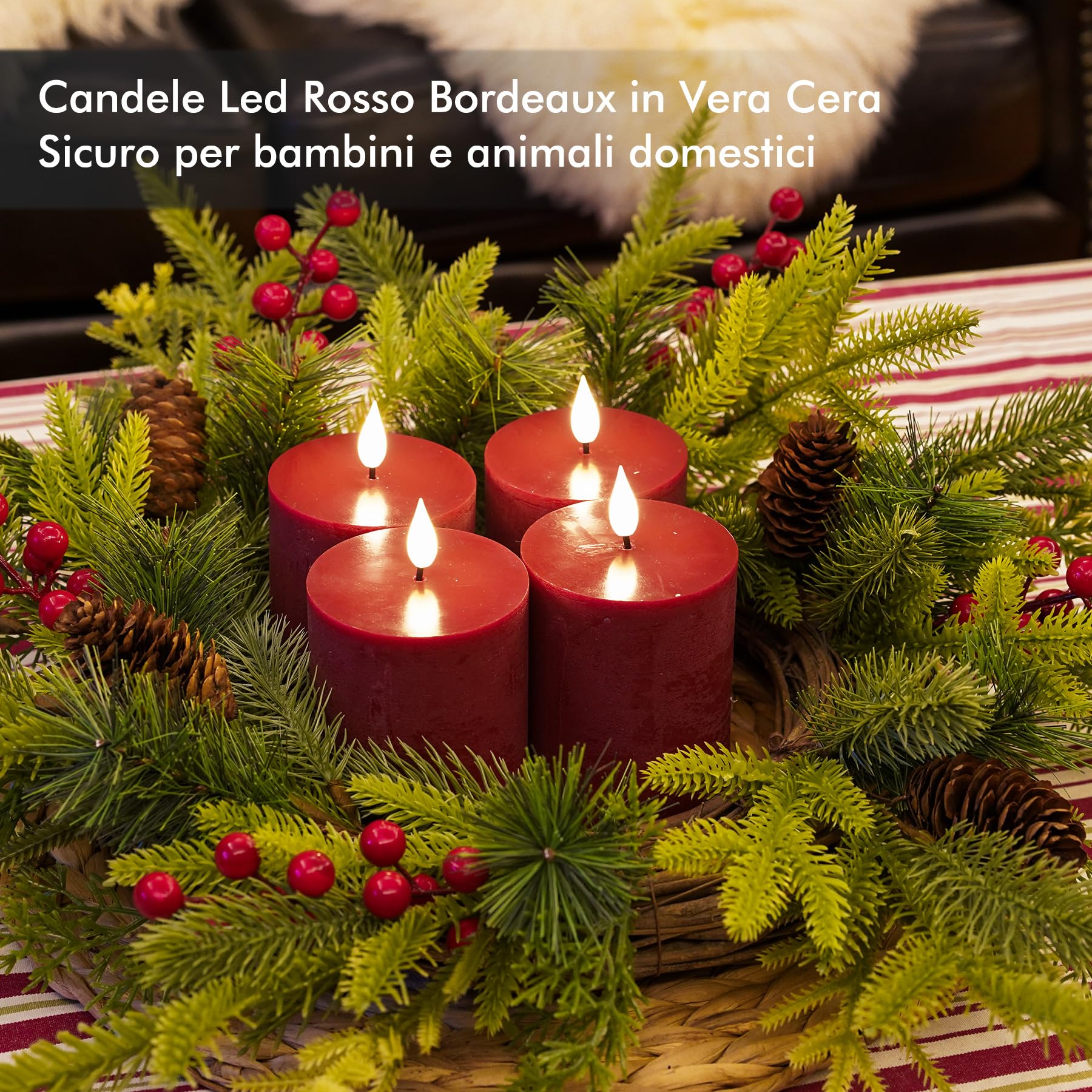 Fanna 4 Rosso Bordeaux Candele LED in Rustico con Telecomando e Batterie, Candele a LED Decorative con Timer per Avvento e Natale Uso Interno - H 10cm