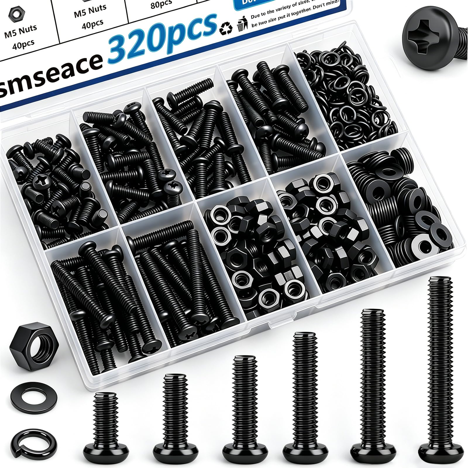 smseace 516Pcs Black Nuts and Bolts Assortment Kit 21-Sizes M3/M4/M5/M6 Nut Bolt Washer Assortment Kit for Machinery, Furniture, Automotive, Motorcycle Repairs — Amazon image 17