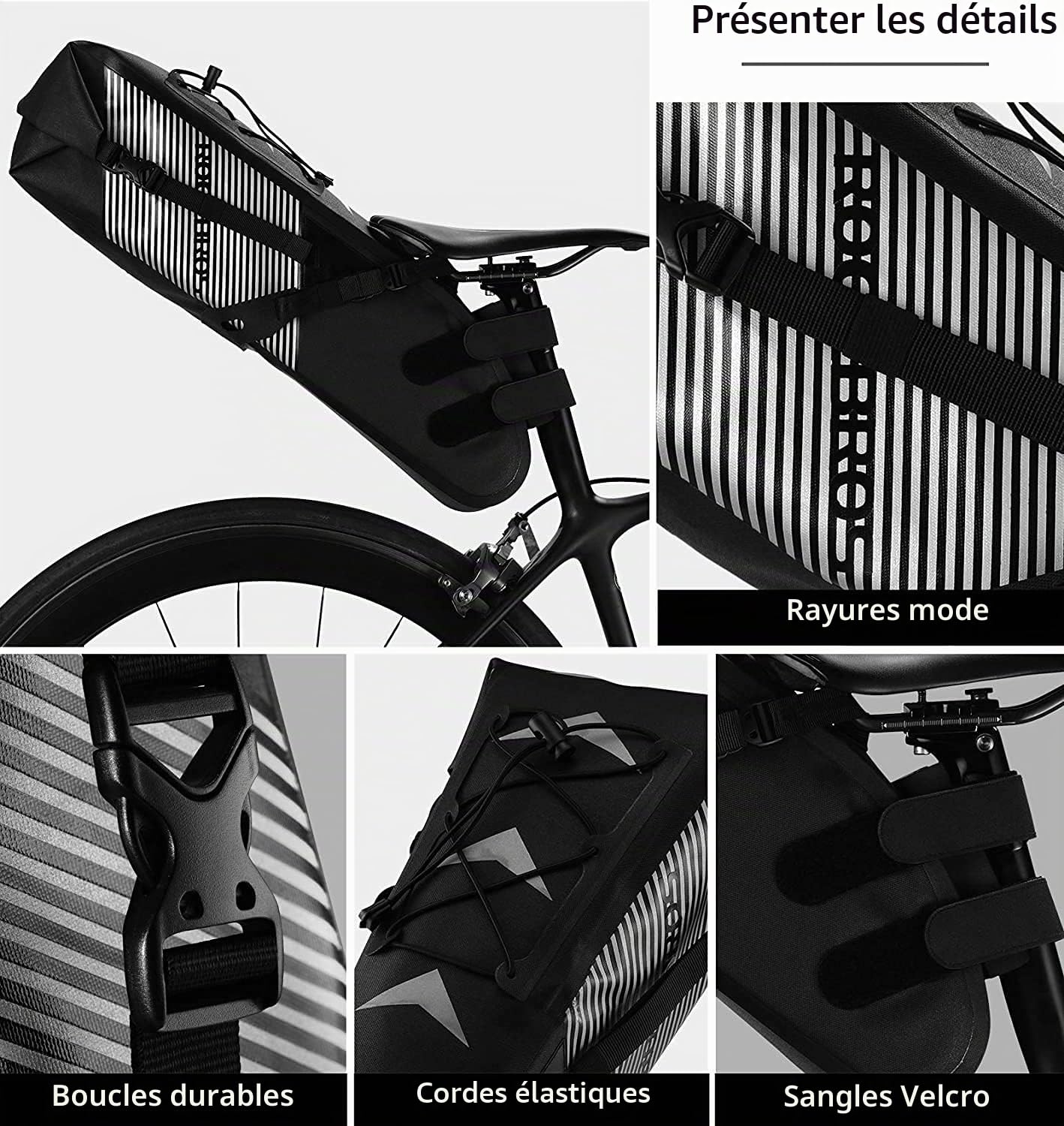 ROCKBROS Sacoche de Selle Vélo 10L - Grande Capacité Imperméable IPX7 | Sacoche Arrière Réfléchissante, Rangement de Siège pour Bikepacking, VTT et Vélo de Route, Noir Gris