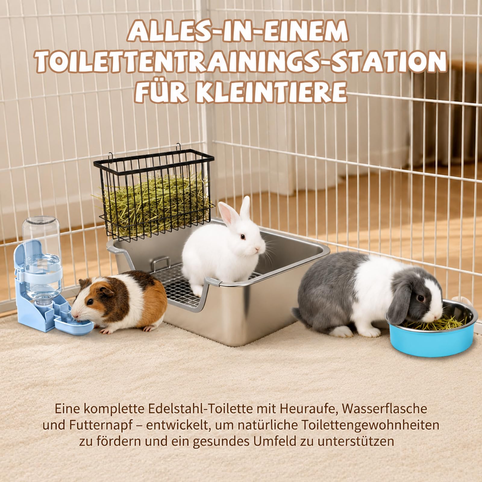 HYLYUN 4-in-1 Kaninchen Toilette Edelstahl Große 40x30cm, Komplettset mit Heuraufe, Wasserspender & Futternapf, Geruchsarm, Leicht zu Reinigen, Nagersicher, Hasen & Meerschweinchen Käfig Zubehör