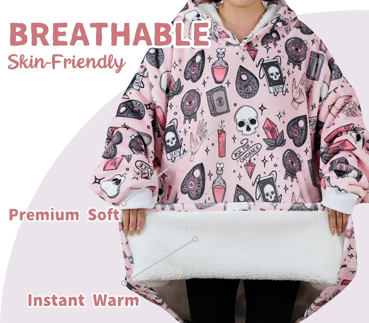 Goth Gifts for Women, Wearable Flannel Blanket Hoodie, Gothic Blanket for Girls on Birthday, Halloween, Christmas, Soft Warm Cozy with Two Large Pocket, Pink - Image 4