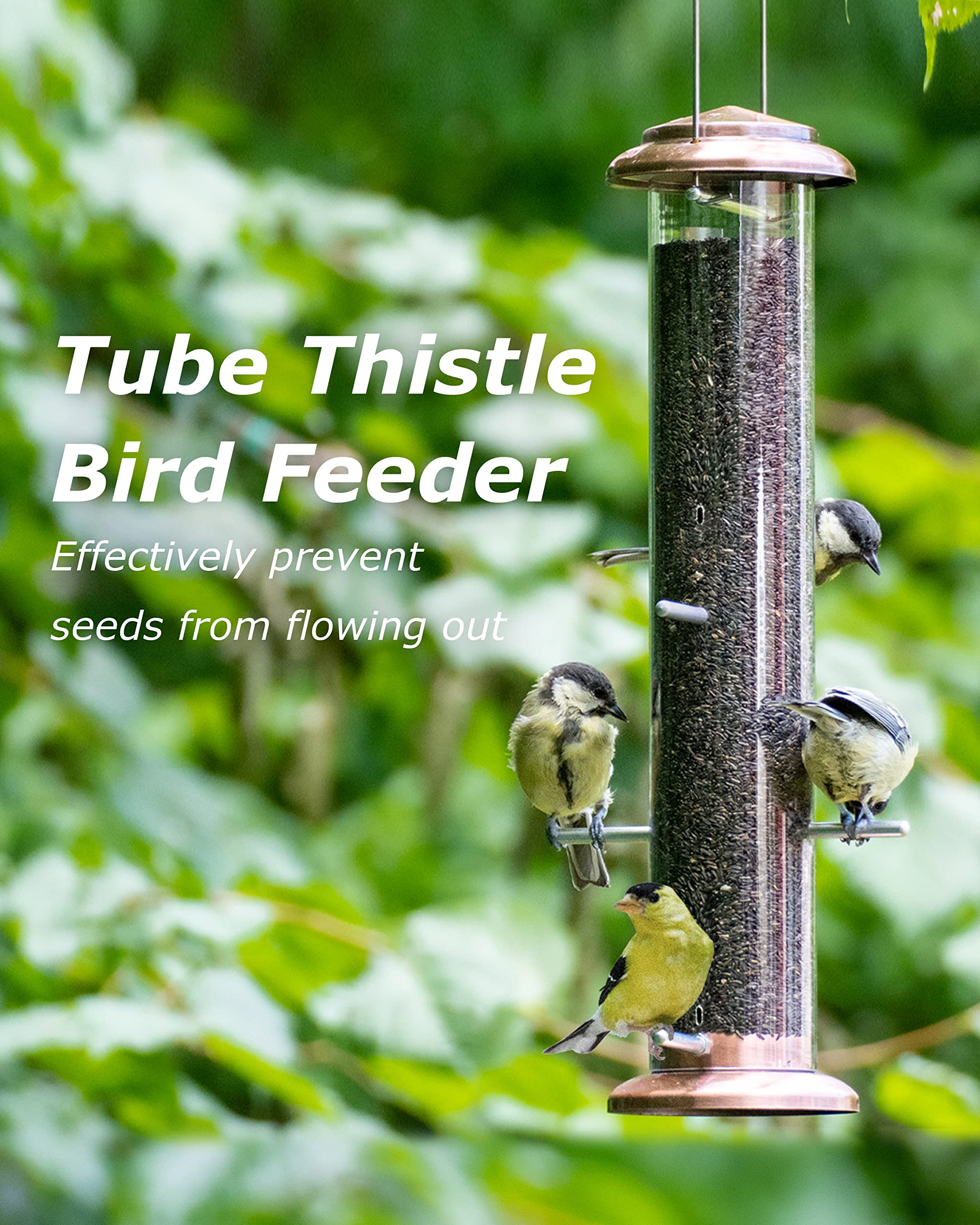 iBorn Metal Bird Feeder Thistle Bird Feeder,Finch Feeders for Thistle Seed,Tube Feeder Hanging Hook 14 Inch Brushed Copper