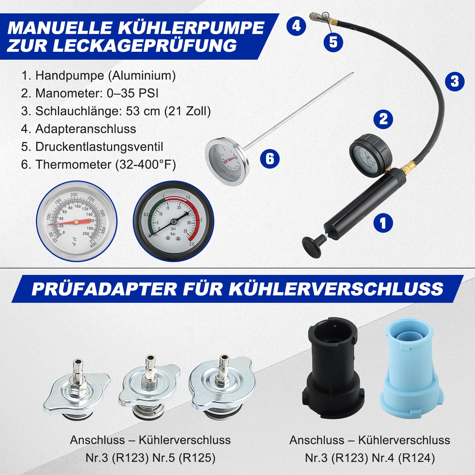 DASBET 28-teiliges Druckverlust-Prüfgerät und Vakuum-Kühlsystem-Befüllset, Universelles Kühlsystem-Lecktest-Werkzeug zur Prüfung von Kühler und Ausgleichsbehälter, geeignet für zahlreiche Fahrzeugmode