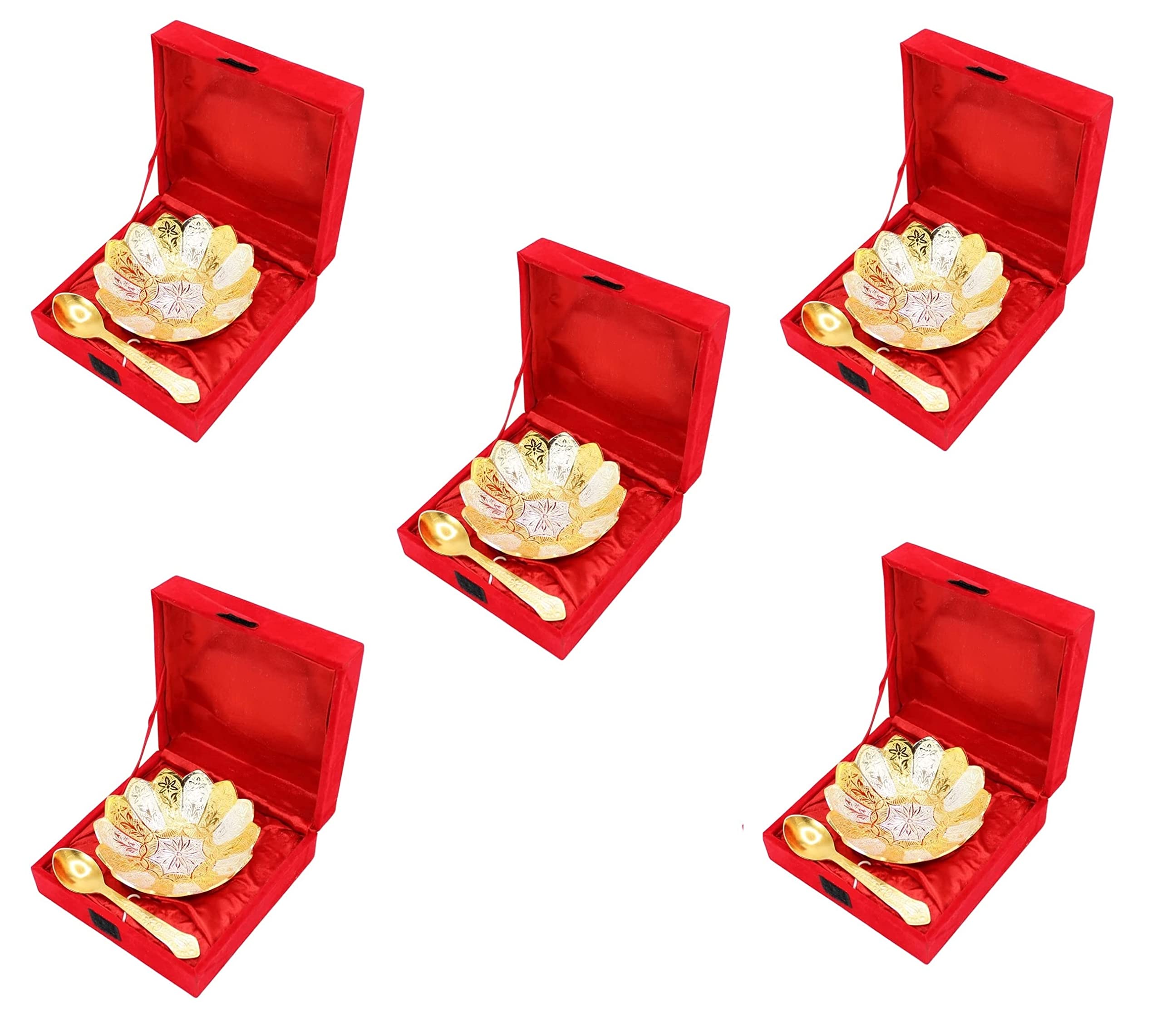 NOBILITY Bowl Spoon Set Gold Silver Plated Dessert Dry Fruits Serving Sets for Diwali Gift Wedding Return Gift Items Home Decorative Corporate Gifts to Friends Relative 5 Sets