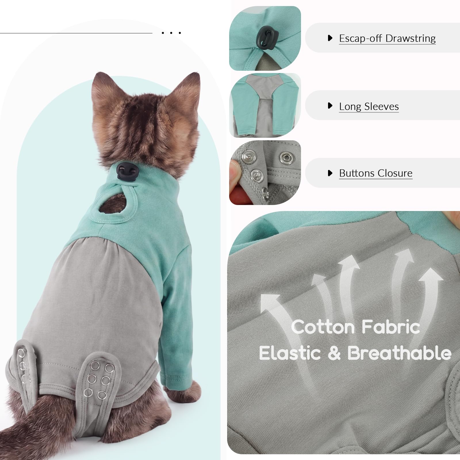 Body Post Operatoire Chat, Doux Body pour Chat Après Stérilisation Gilet de Récupération Manchon Récupération pour Pattes Avant, Empêche de Lécher Les Points de Suture(Vert, L)