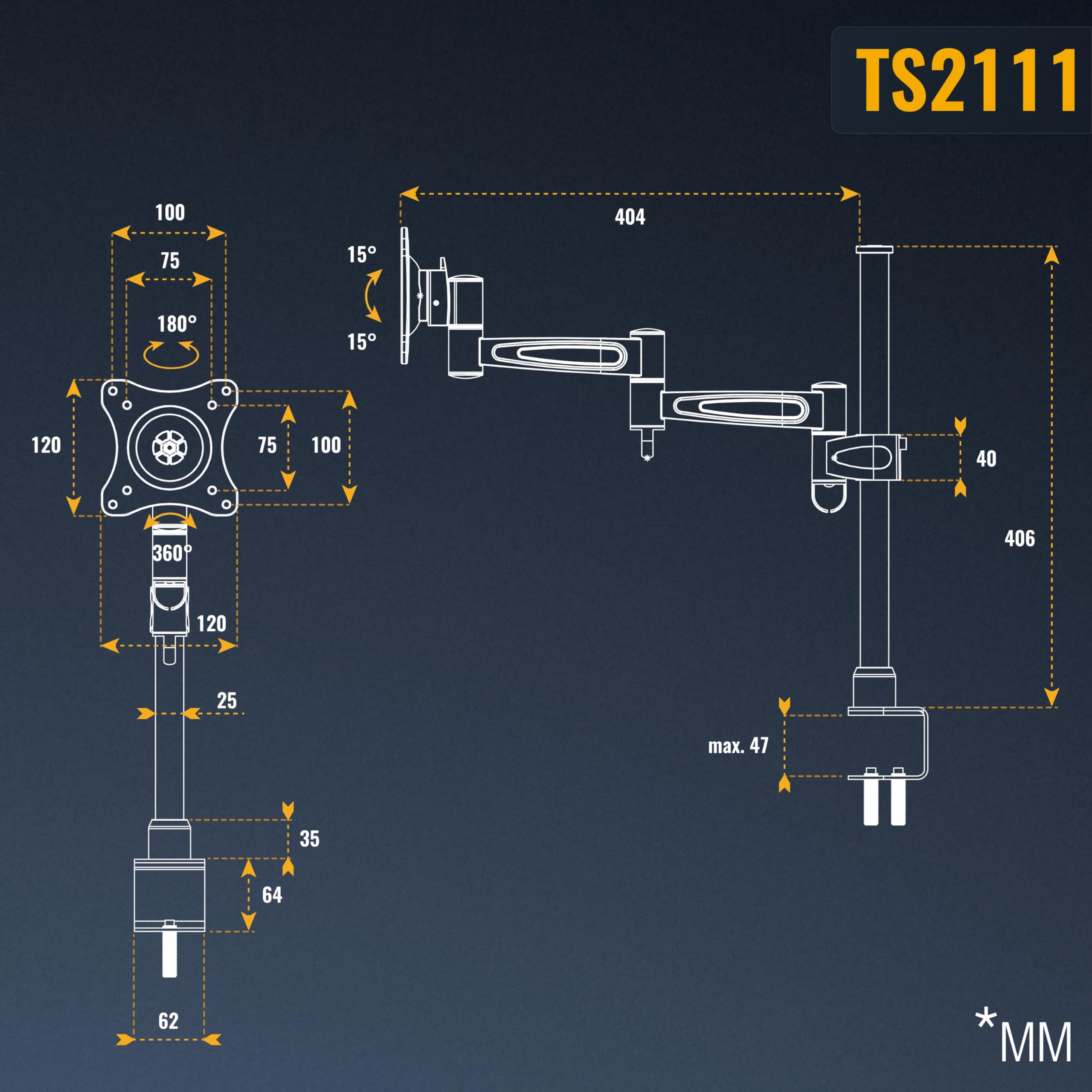RICOO TS2111 Supporto monitor da scrivania 13-34 pollici per 13 34 pollici girevole inclinabile fino a 8 kg max VESA 100x100