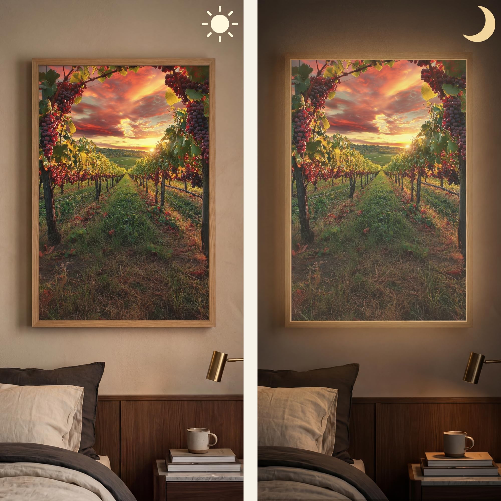 LED Lampe Wand Innen 60x90 cm Aufladbar Wall Light Wandlicht Wohnzimmer Wandlampe Dimmbar Wandlampen Wandlichter Schlafzimmer Beleuchtung Leuchte Weinberg - Weintrauben - Sonnenuntergang