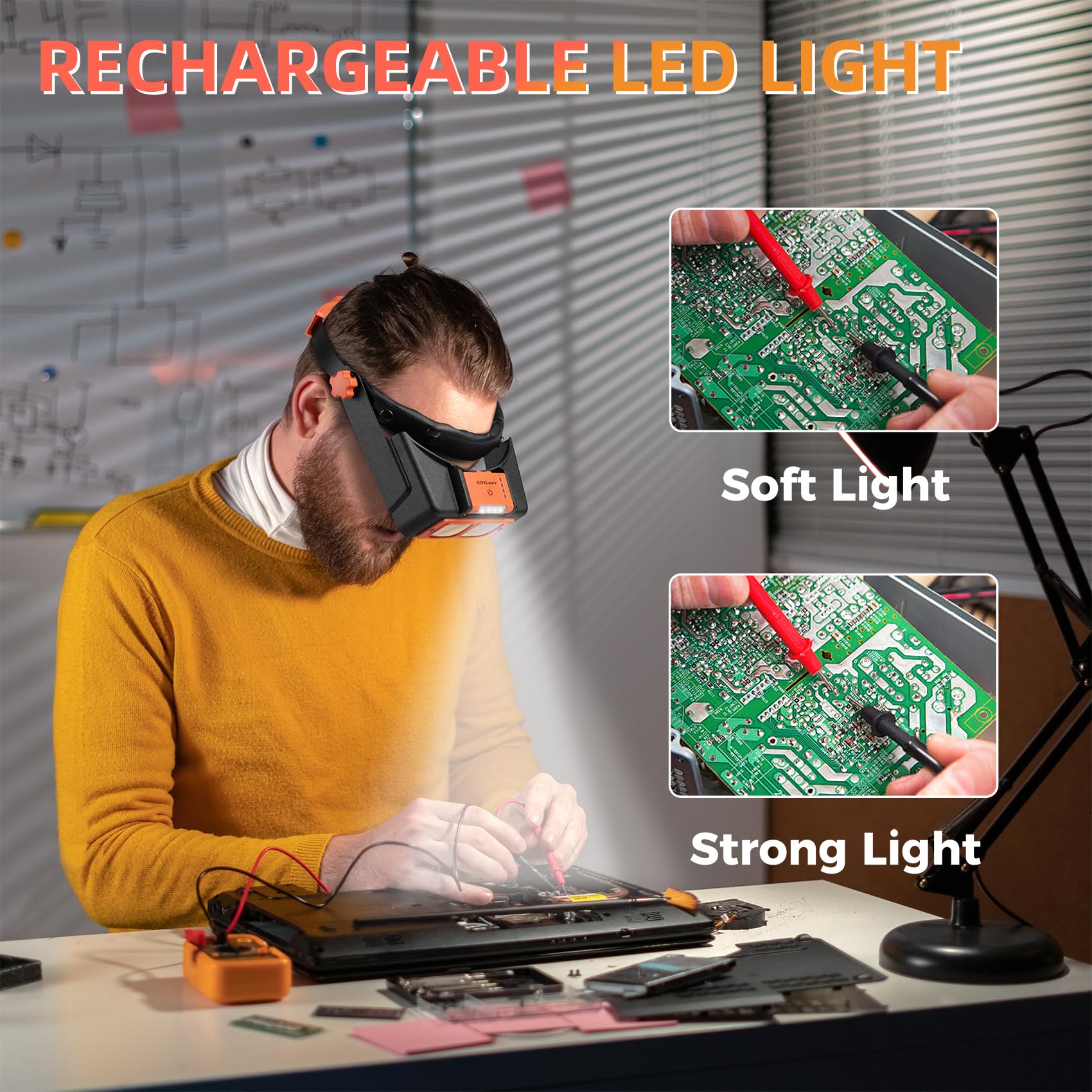 Kopfbandlupe mit Licht, wiederaufladbare Lupe für enge Arbeiten, 1,5-fache – 3,5-fache Vergrößerung, Headset mit 4 Linsen, Juwelierlupe, Visier für Reparatur, Handwerk, Hobby
