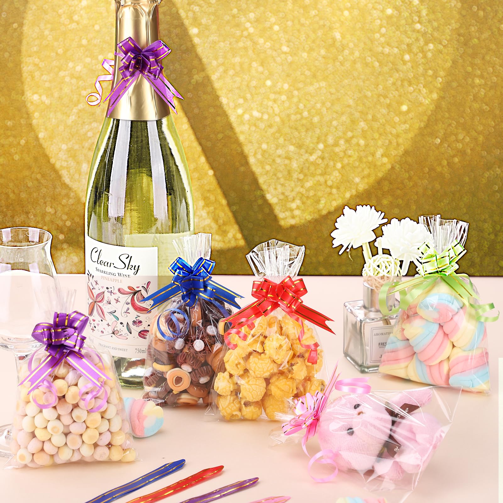 50 Sachets Plastique Transparents Noël + 50 Nœuds Colorés – Pour Emballer Biscuits, Bonbons, Chocolats