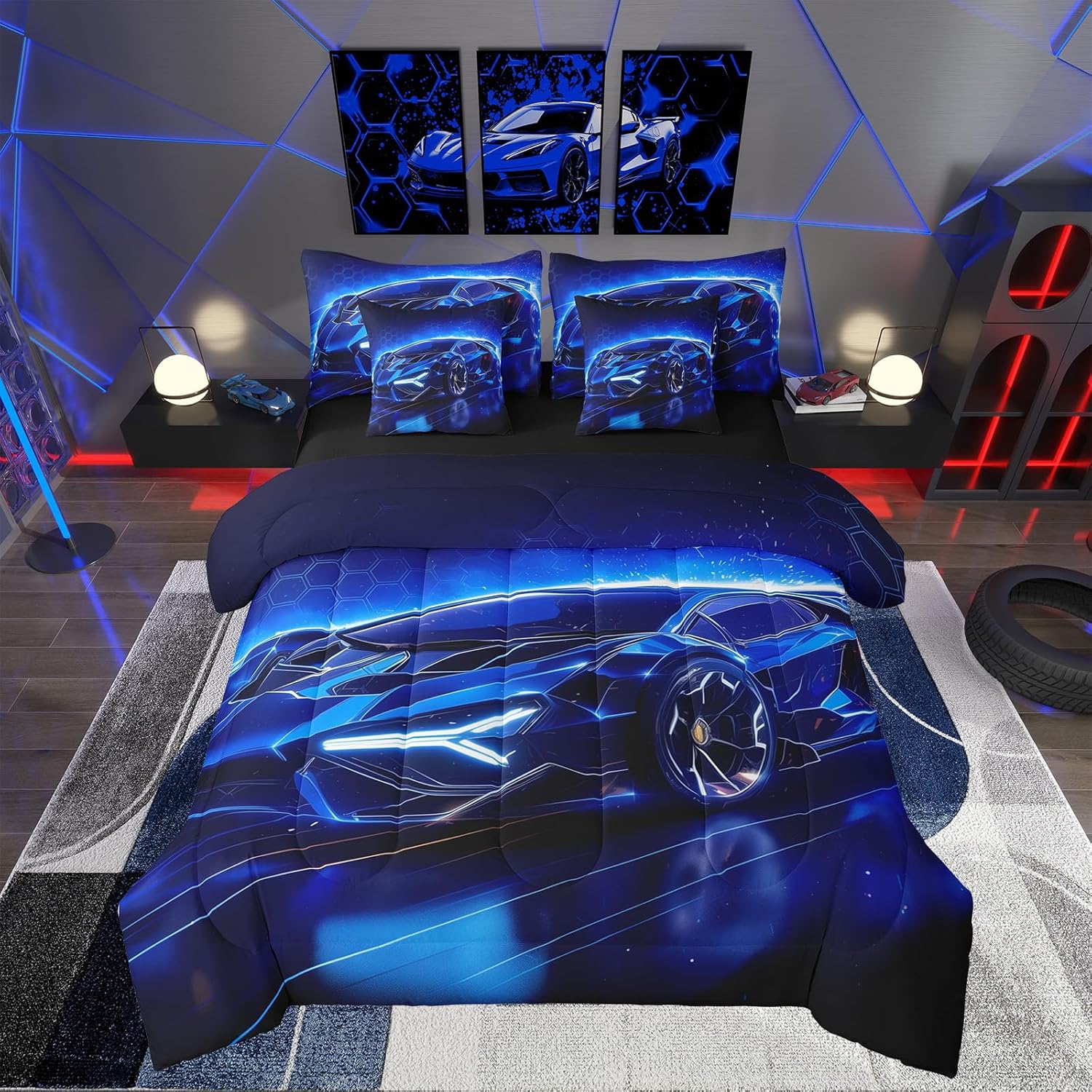 Feelyou Kids Boys Sports Car 7 Piece Bedding Set Full Size Blue Race Car Comforter Set with Sheets for Kids Teens Boys Girls Extreme Sports Theme Bed in a Bag Speed Luxury Car Bed Set