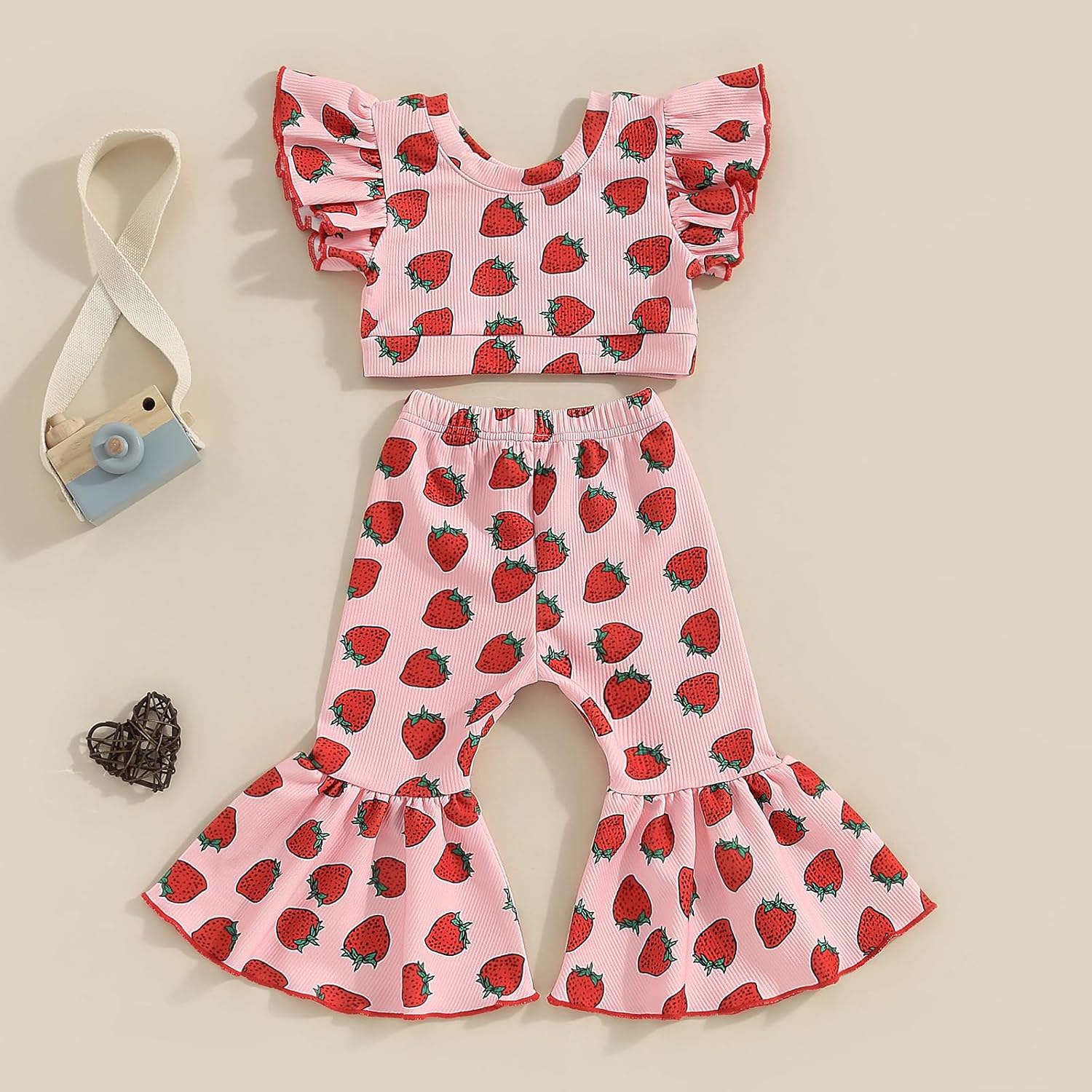 Honganda Fashion 2Pcs Toddler Baby Girl Strawberry Outfit Set Ruffle Short Sleeve Crop Top Flared Pants Summer Knit Clothes - Image 3