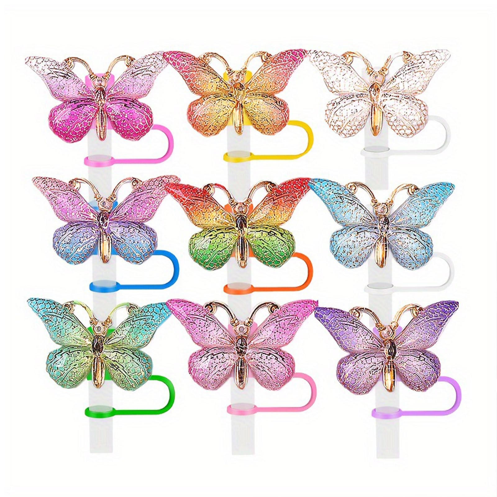 9Pcs Butterfly Straw Topper for Stanley Cup Straw Tip Covers 10 mm Silicone Reusable Straw Covers Cap Butterfly Straw Protector Cover for Stanley Cup