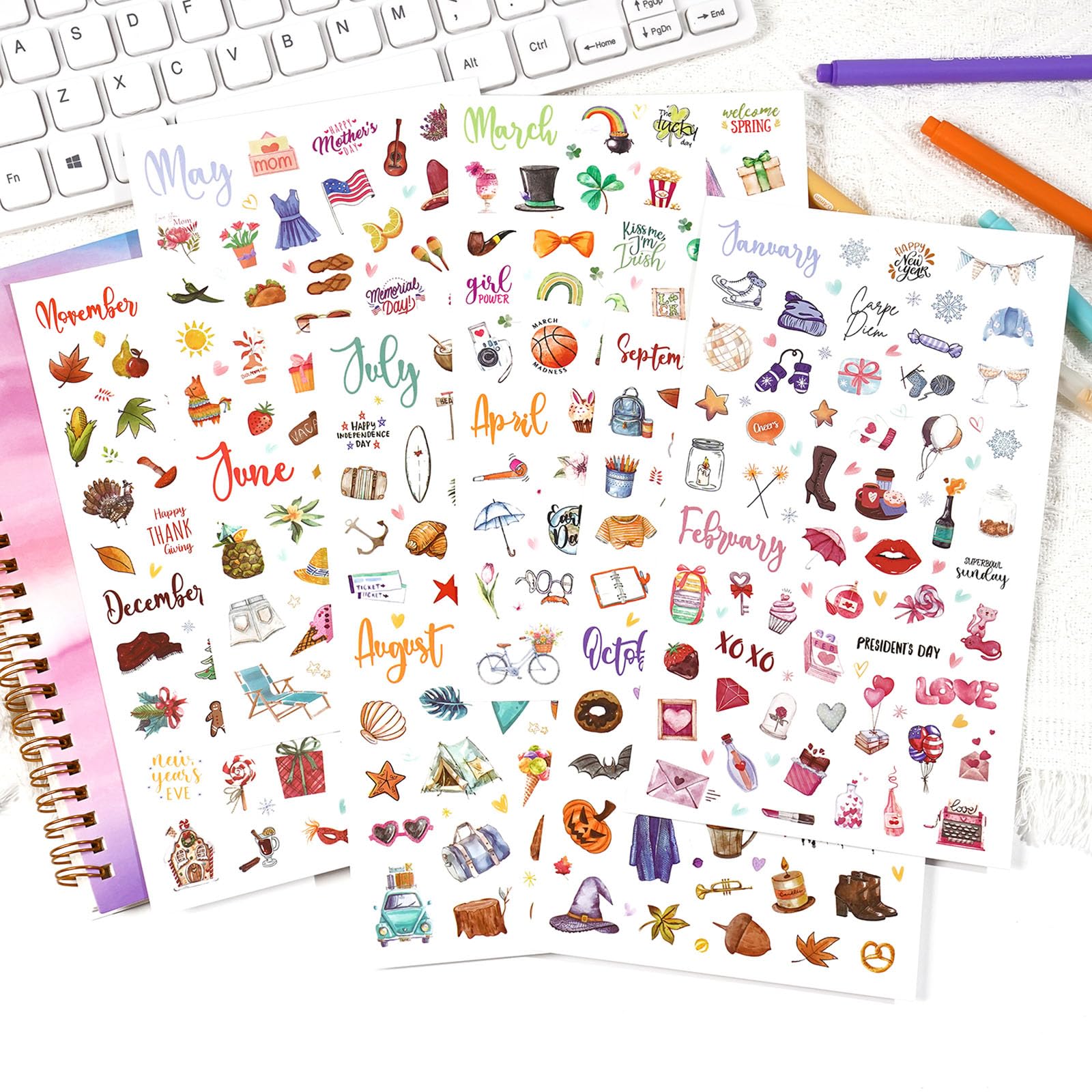 316Pcs+ Seasonal Planner Stickers Sheets Holiday Planner Scrapbook Stickers for Planners Adults Multicolor Waterproof Scrapbook Sticker for Scrapbooking Journaling DIY Crafts Daily Life Party Supplies