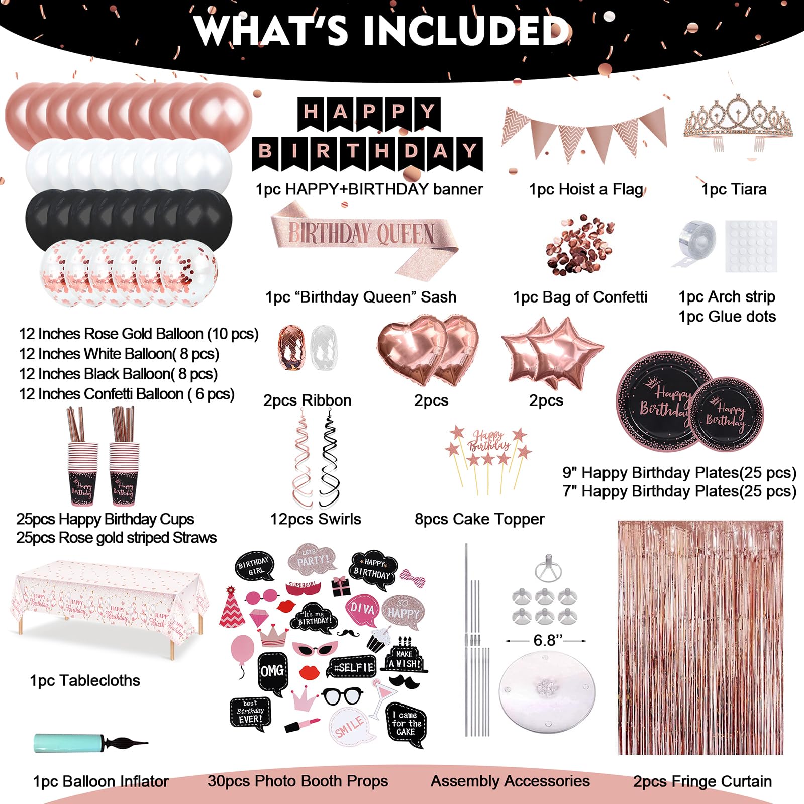 236Pcs Rose Gold and Black Birthday Decorations For Women, Party Decorations for Women,Party Decoration Supplies,Balloons, Sash, Tiara, Banner, Fringe Curtain, Photo Booth Props for 25 Guests