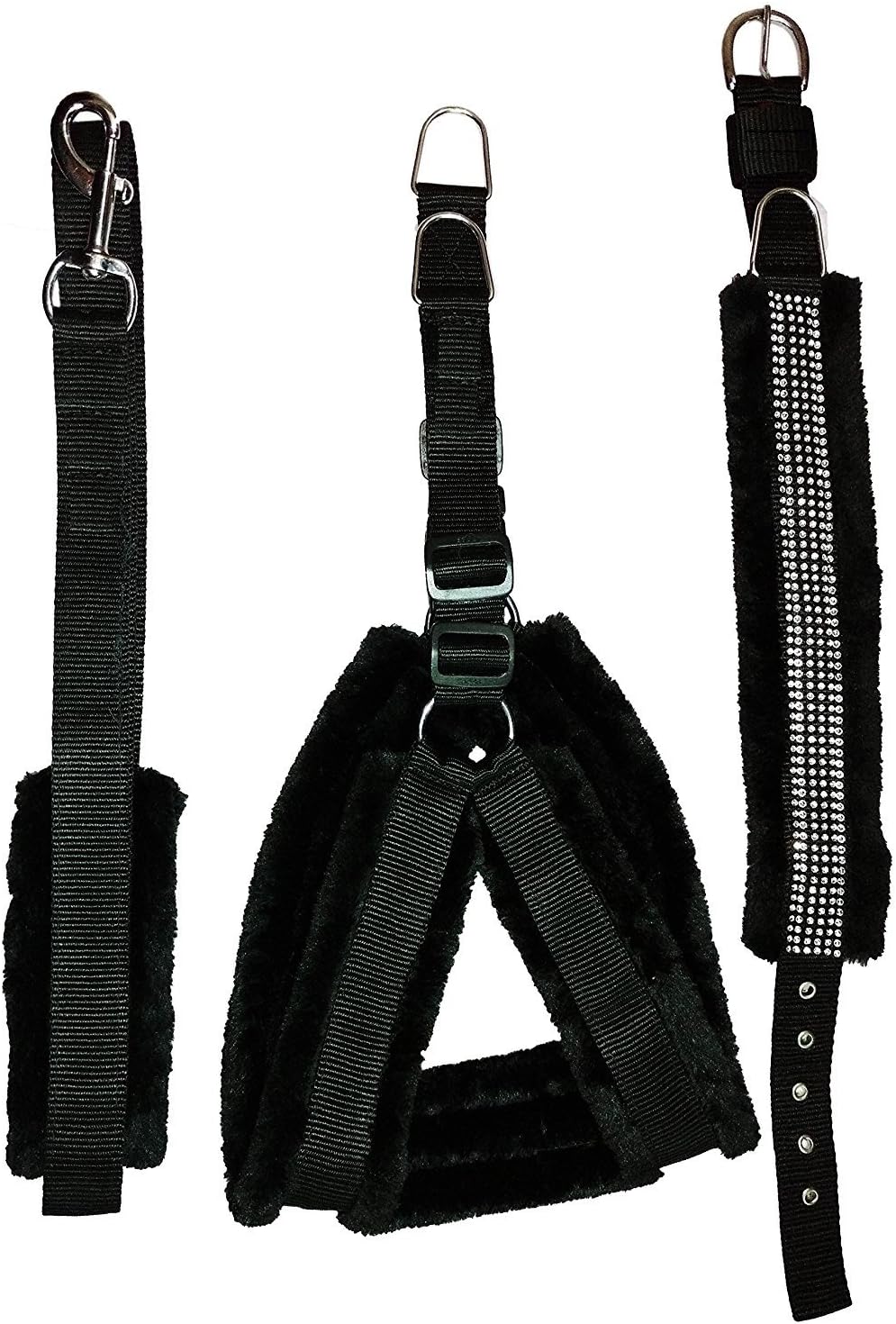 Petsplanet Nylon Dog Harness Leash & Collar Set with Soft Fur - 0.75 Inch Small Black