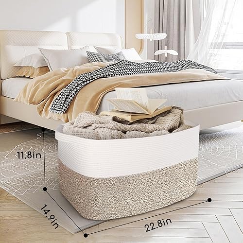 Miniatura 3 de Cesta de cuerda extragrande, 22.8 x 14.9 x 11.8 pulgadas, cesta rectangular para manta para sala de estar, cesta organizadora de juguetes de tejido