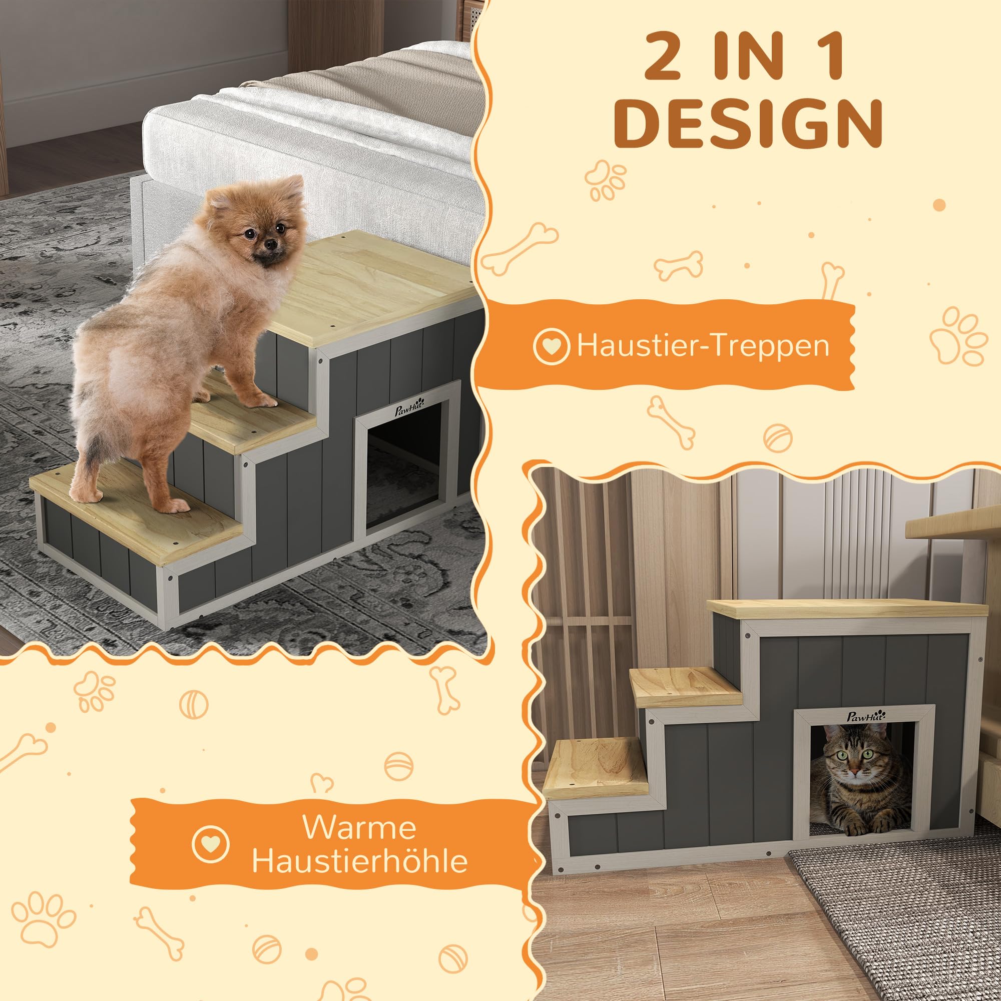 PawHut 2-in-1 Hundetreppe, Katzentreppe mit Höhle, Haustiertreppe mit 3 Stufen, Haustierrampe aus Holz, Katenleiter bis 8 kg Belastbar, für Sofa, Bett, Natur, Grau