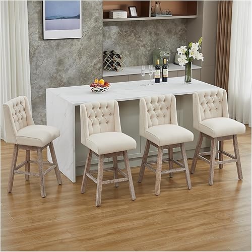 Miniatura 19 de Juego de 2 taburetes de bar de altura de mostrador, taburetes de bar giratorios de 360° con respaldo y patas de madera, taburetes de bar tapizados