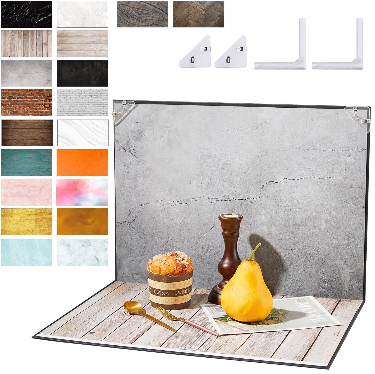Lot de 10 Toiles de Fond pour Photographie - 30 x 40 cm - Papier de Fond Double Face - 20 Motifs - Carton Réfléchissant pour Aliments, Bijoux - avec Sac de Rangement
