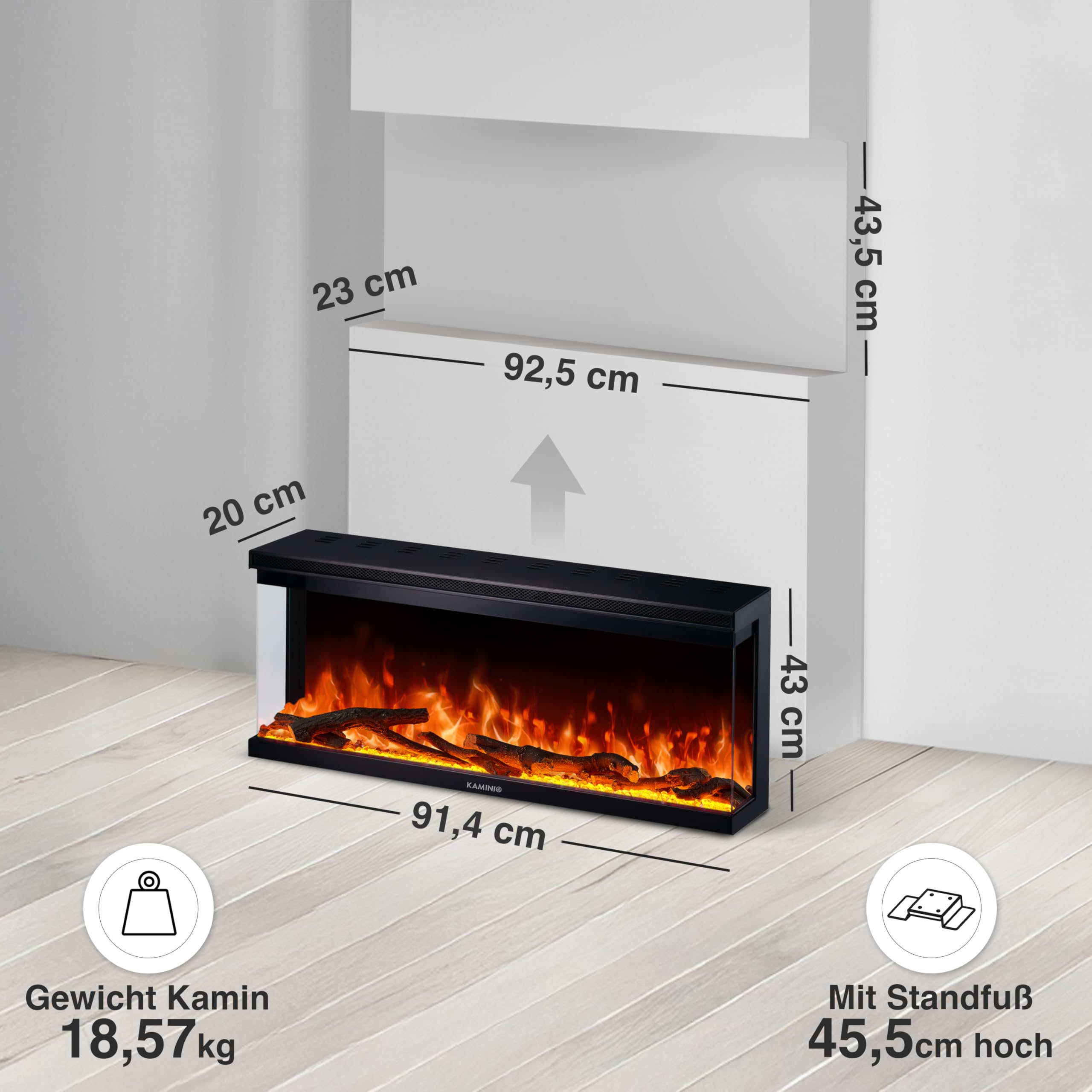 KAMINIO Elektrokamin LEA - Elektrischer 3-in-1 Kamin mit Panoramaview, Heizung, 3D-Flammeneffekt, 12 Flammenfarben, Fernbedienung (36 Zoll)