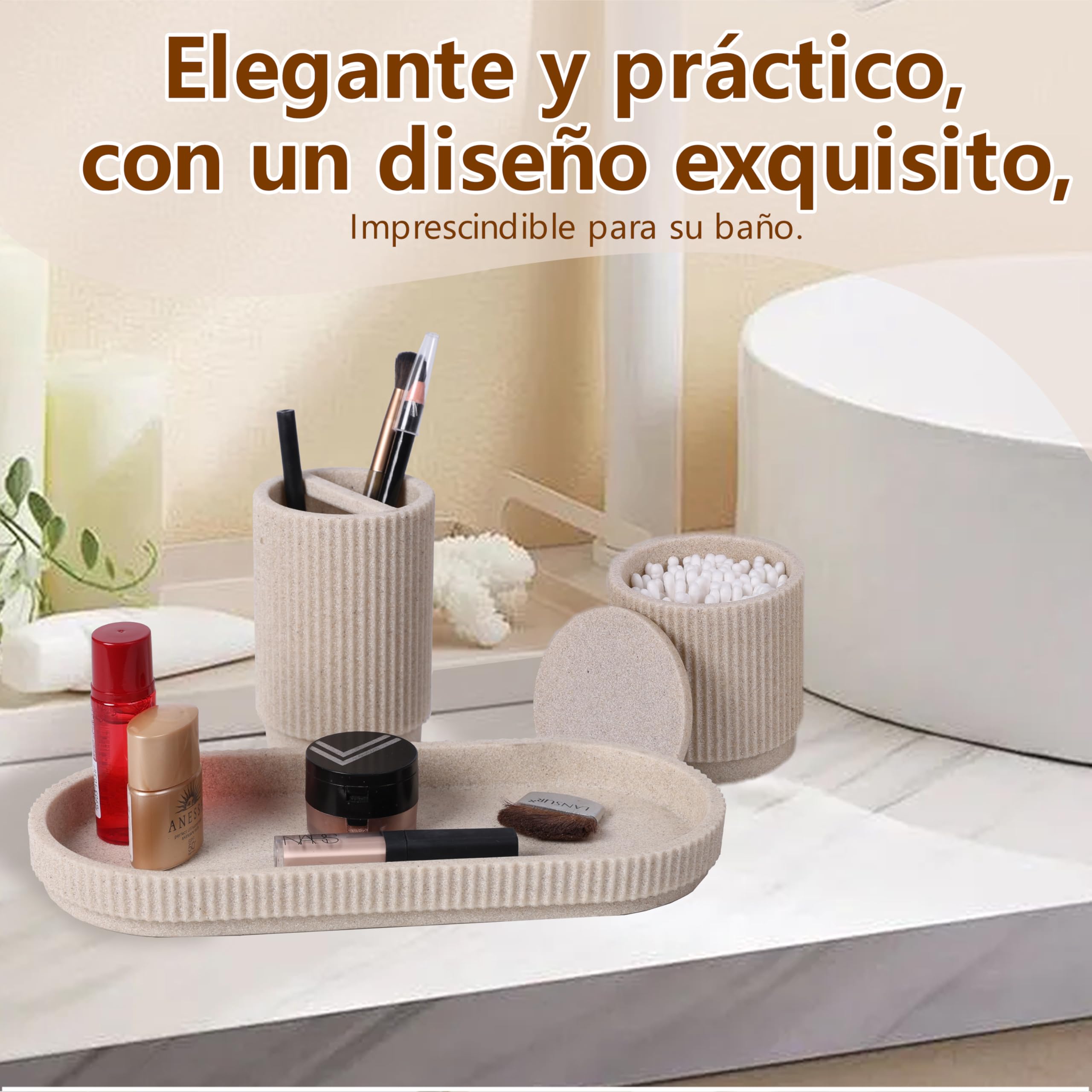Set Completo de Accesorios de Baño 6 Piezas, Resina Beige Rayada | Dispensador de jabón, vaso, porta cepillos, bandeja, algodonero y organizador; conjunto completo para lavabo, tocador y baño.