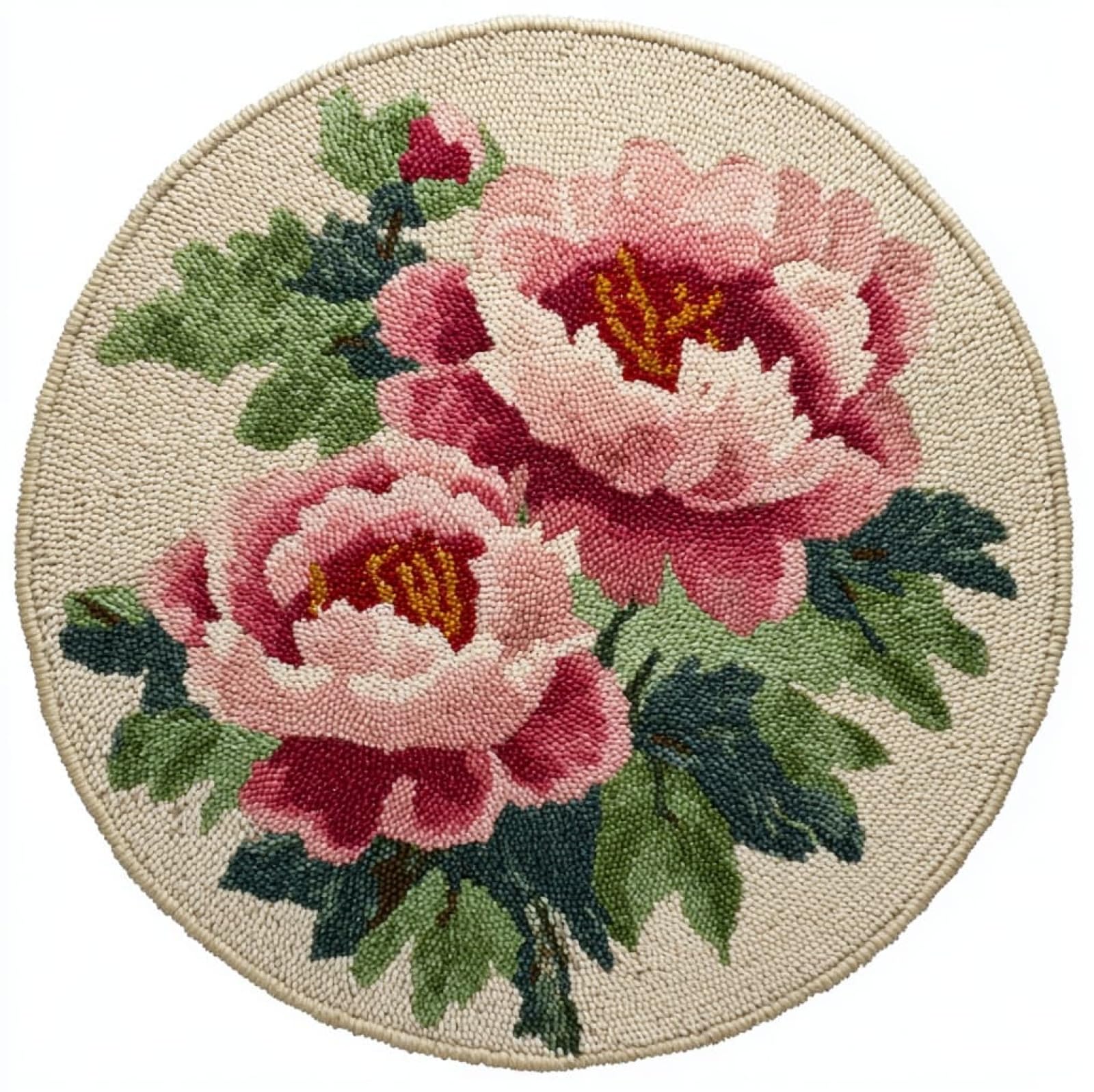 WallustrioaW Latch Hook Rug Kits for Adults,Beautiful Peony,Crochet Kits for Beginners,DIY Cross Stitch Cushion Craft with Yarn and Crochet Hook,50x50cm