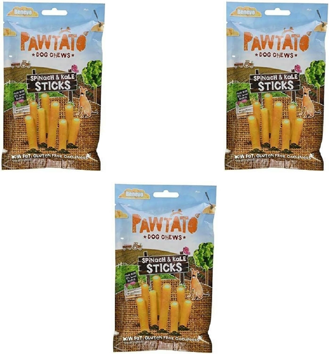 Benevo Pawtato - Palos de espinacas y col rizada (120 g, 3 unidades)