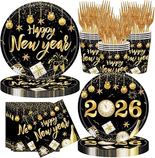 New Years Party Supplies Set,Packs with Plates, Cups, Napkins & Forks, Disposable for 24 Guests,Plates and Napkins for New Years Eve Party Decorations Supplies 2026