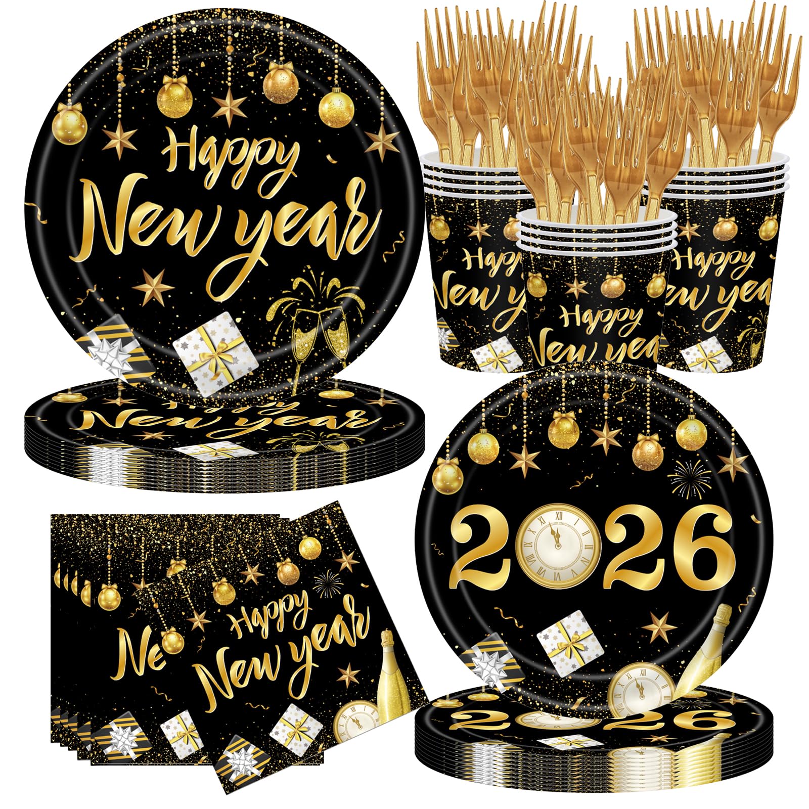 New Years Party Supplies Set,Packs with Plates, Cups, Napkins & Forks, Disposable for 24 Guests,Plates and Napkins for New Years Eve Party Decorations