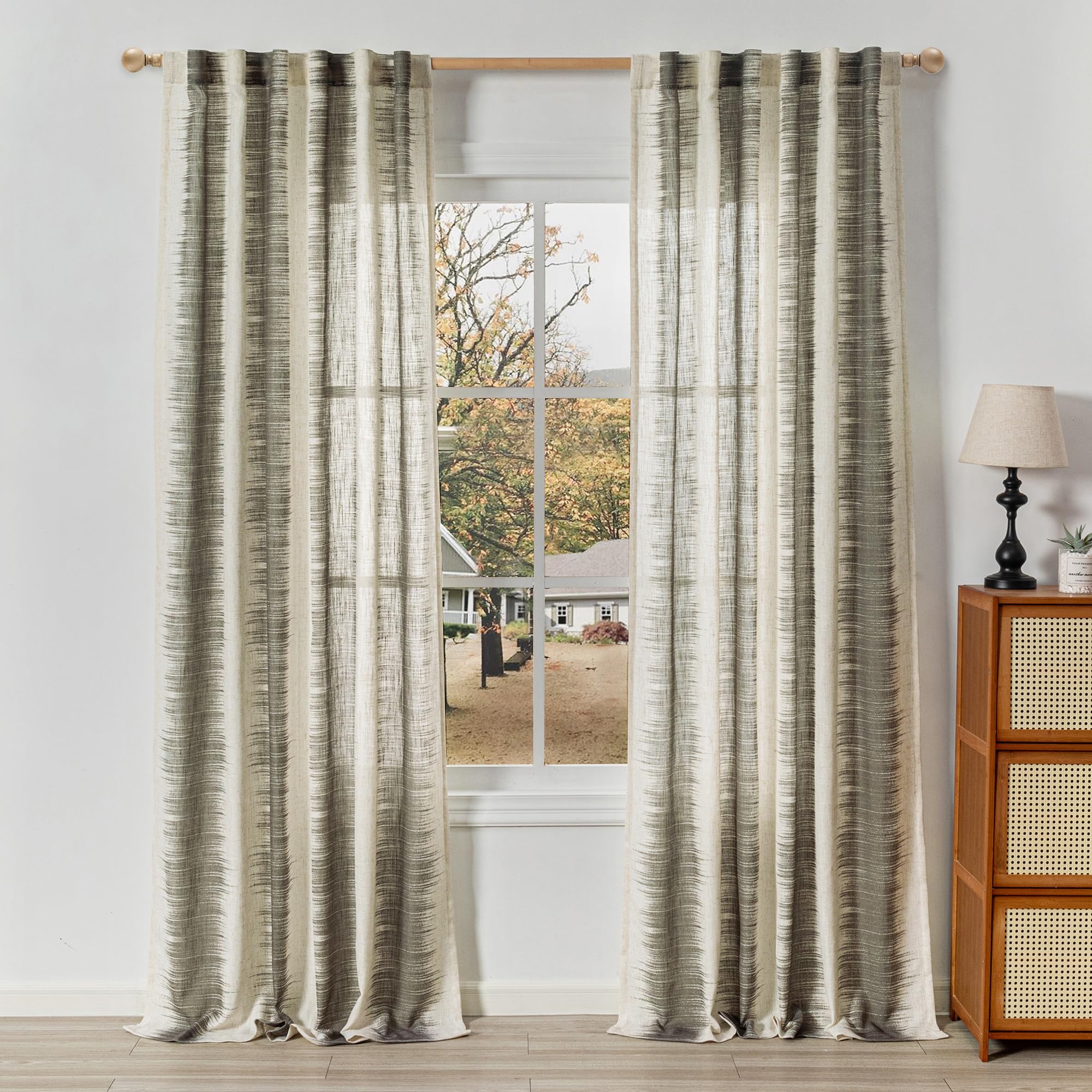 MYSKY HOME Ceiling Curtains for Living Room, Farmhouse Style Lines Printed Curtains 95 Inches Long Semi Sheer Drapes for Living Room, Modern Style Room Divider Curtains, 50"x95", Khaki, 2 PCs