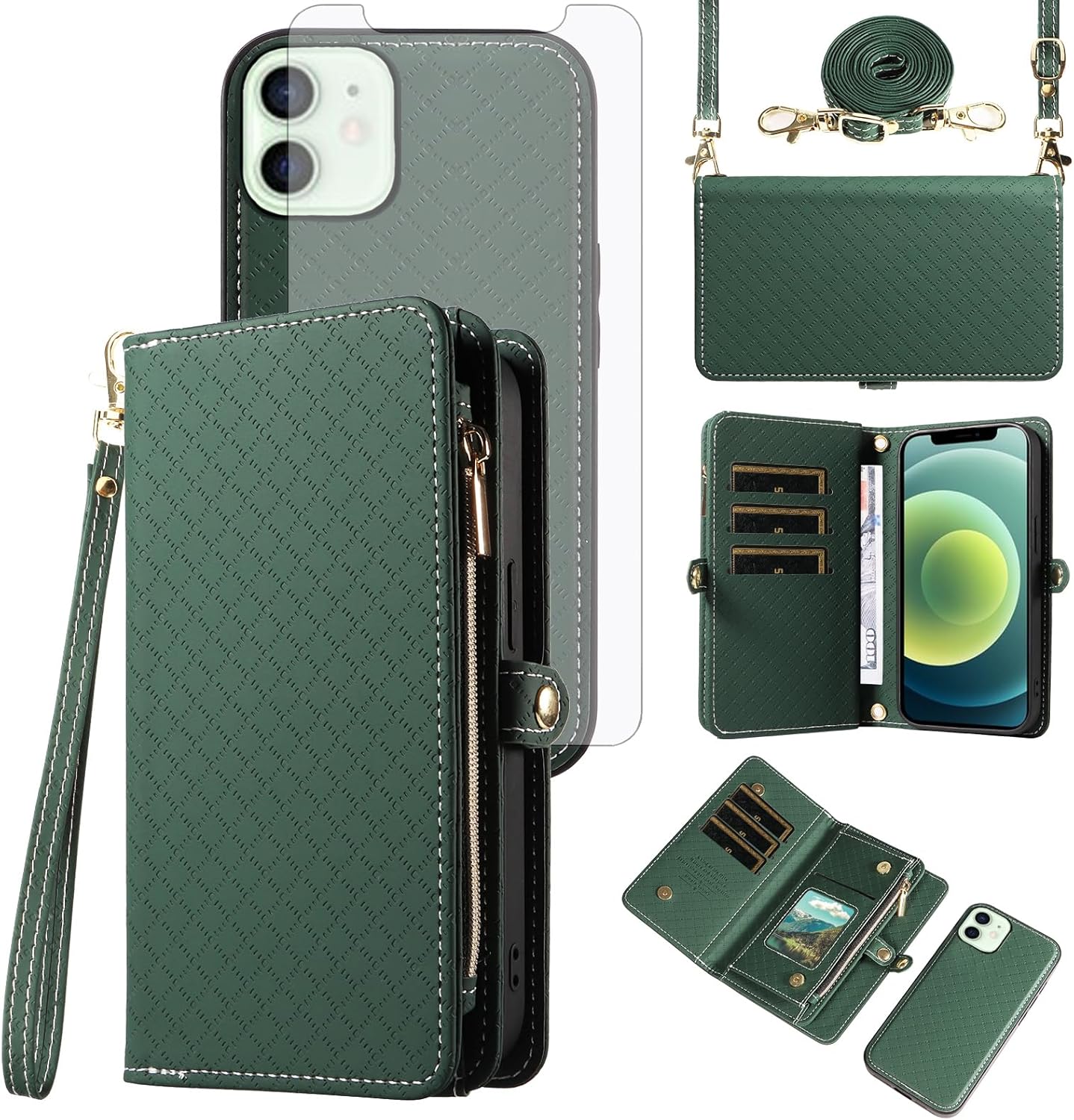 Asuwish Phone Case for iPhone 12 Pro iPhone12 6.1 Zipper Wallet Detachable Cell Cover with Tempered Glass Screen Protector Crossbody Strap Flip Card Holder Slot iPhone12pro 5G i 12s 12pro Women White