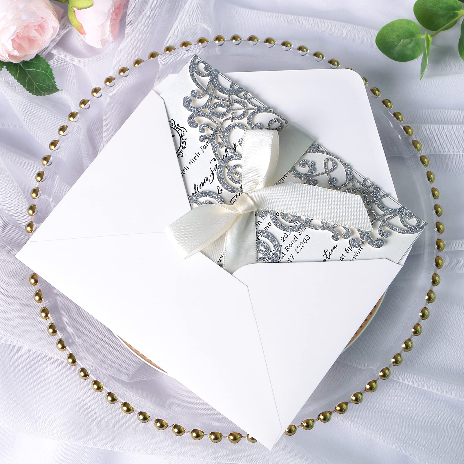 Ponatia 25PCS laser Cut Hollow rose con trapano invito di matrimonio fidanzamento doccia compleanno laurea biglietti d' invito Slivery Glitter