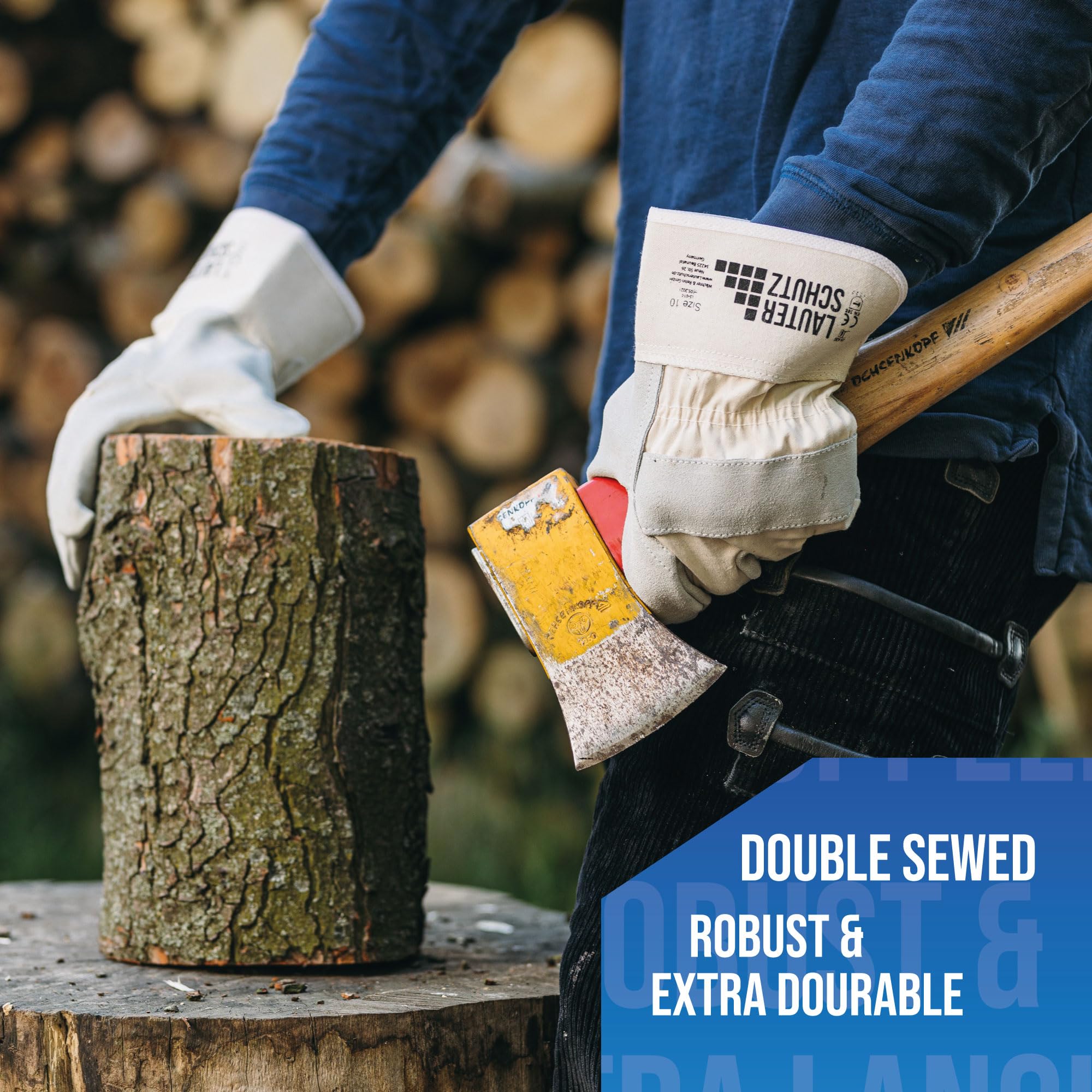 LauterSchutz® Robust cowhide leather work gloves, double stitched and with cotton inserts on the back of the hand - Image 4
